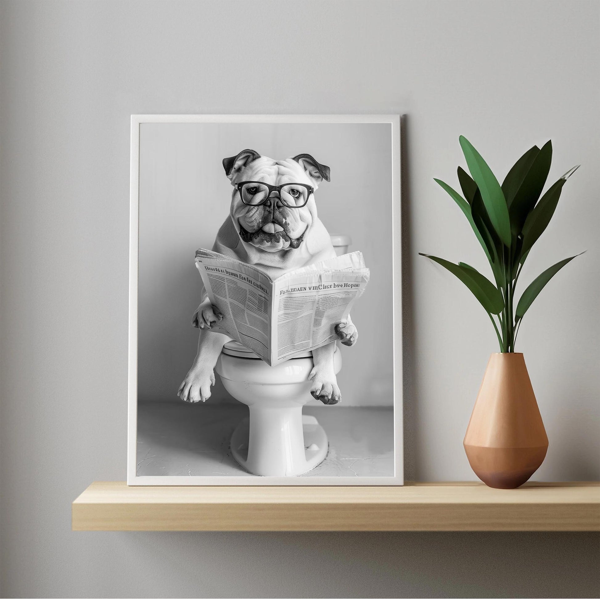 Bulldog Bathroom Wall Art Funny Dog on Toilet Print, English Bulldog Reading Newspaper Poster, Black and White Pet Decor
