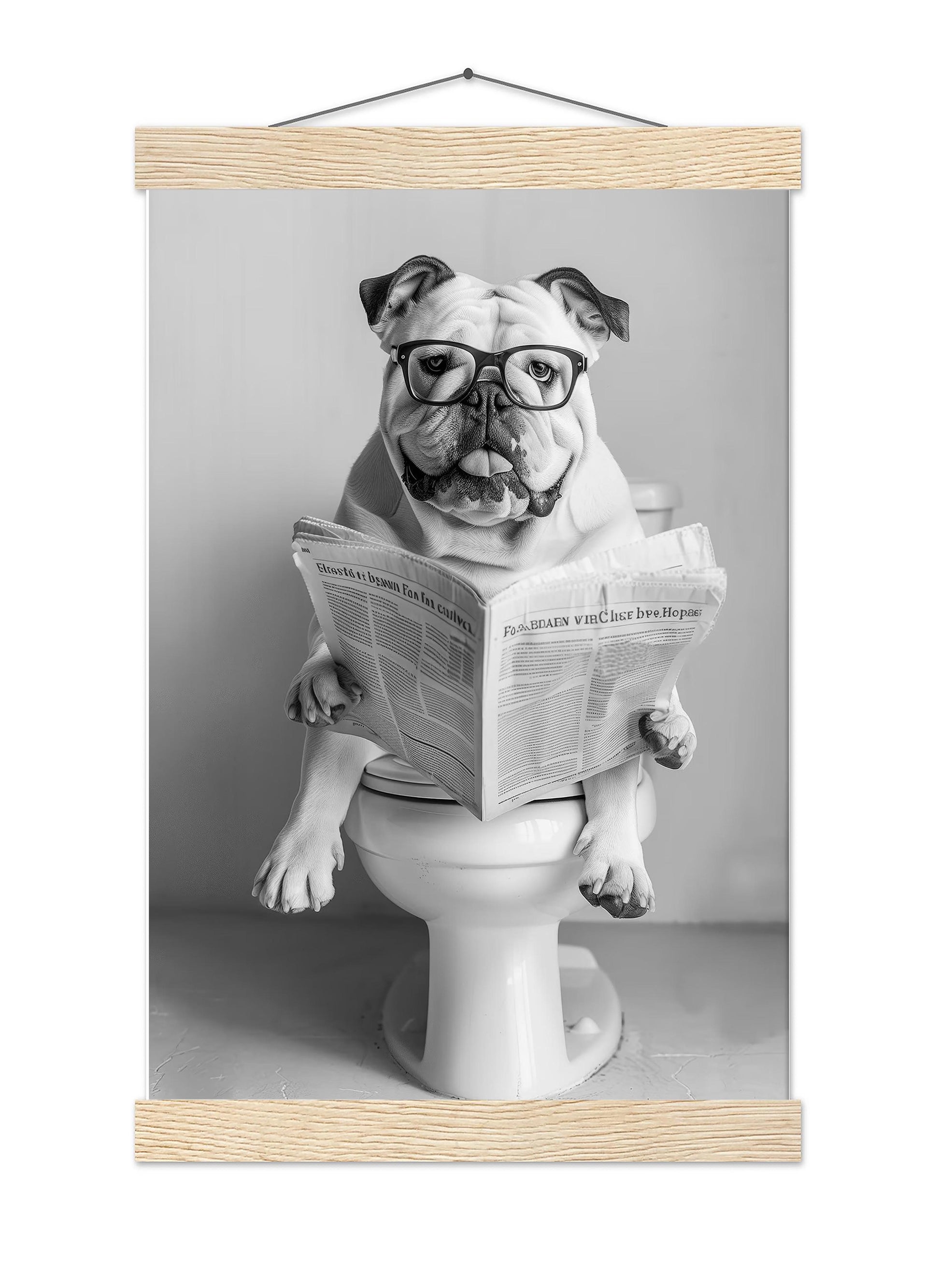 Bulldog Bathroom Wall Art Funny Dog on Toilet Print, English Bulldog Reading Newspaper Poster, Black and White Pet Decor