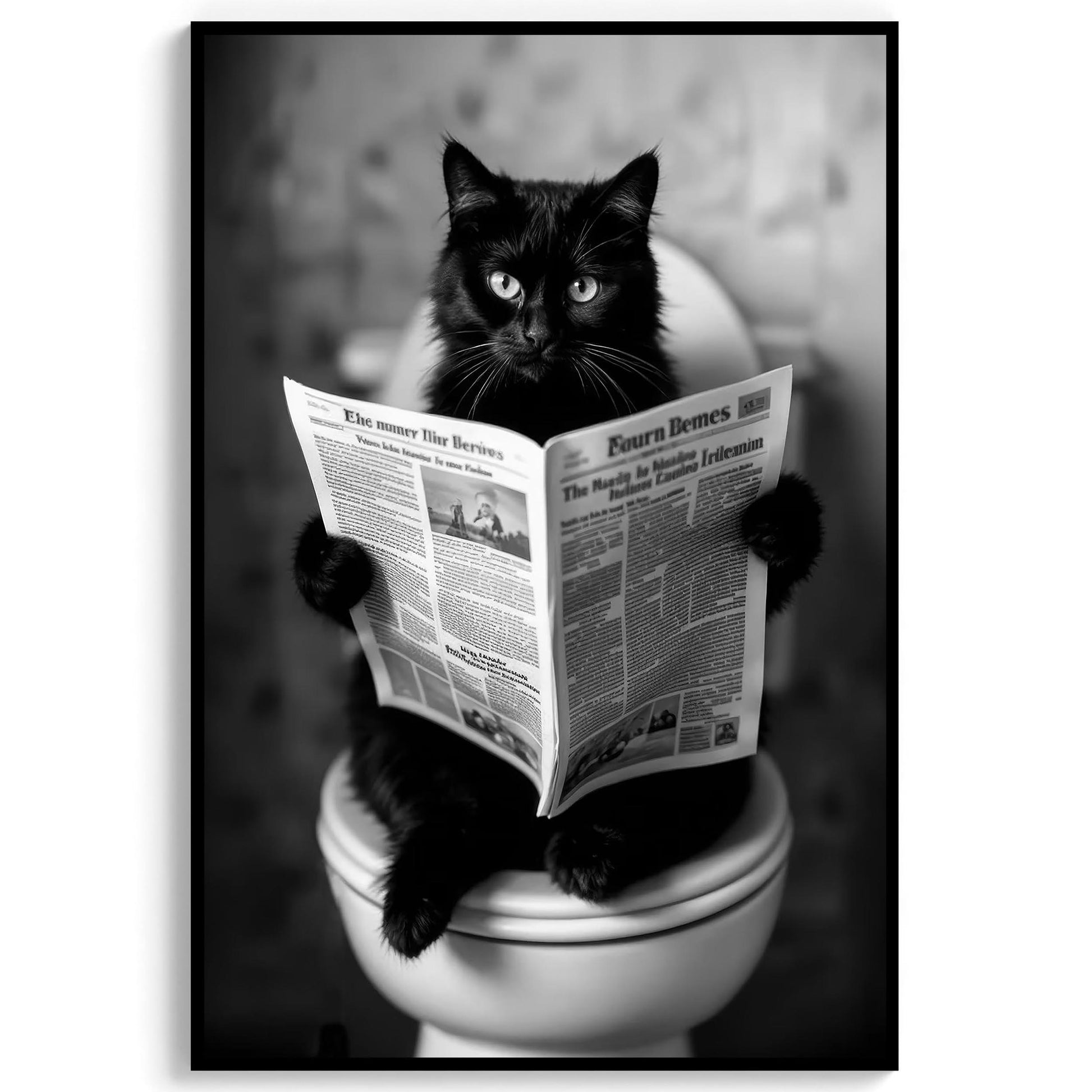 Cat On Toilet Print Black Cat Reading Newspaper, Funny Cat Poster, Bathroom Decor, Bathroom Wall Art - Black And White D