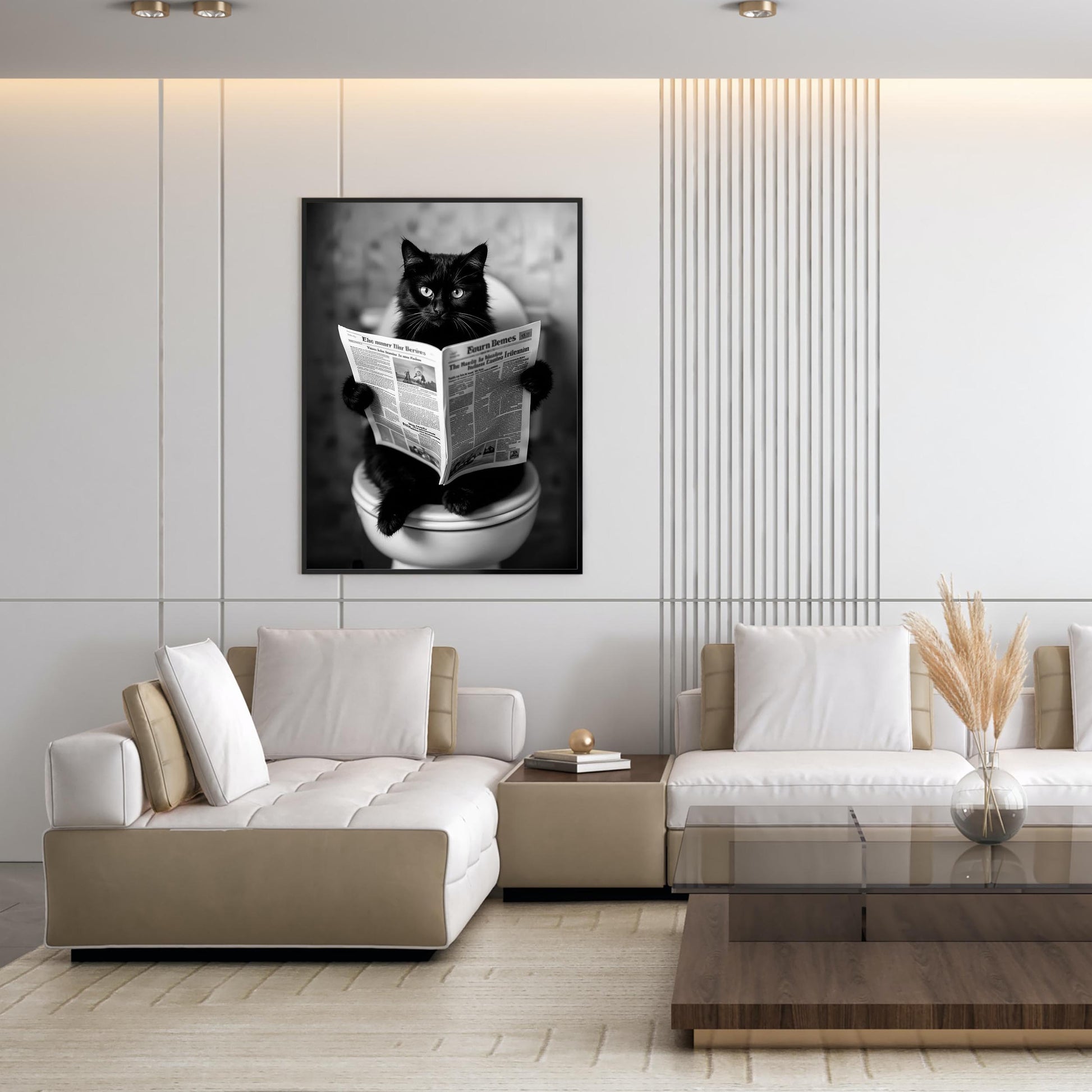 Cat On Toilet Print Black Cat Reading Newspaper, Funny Cat Poster, Bathroom Decor, Bathroom Wall Art - Black And White D