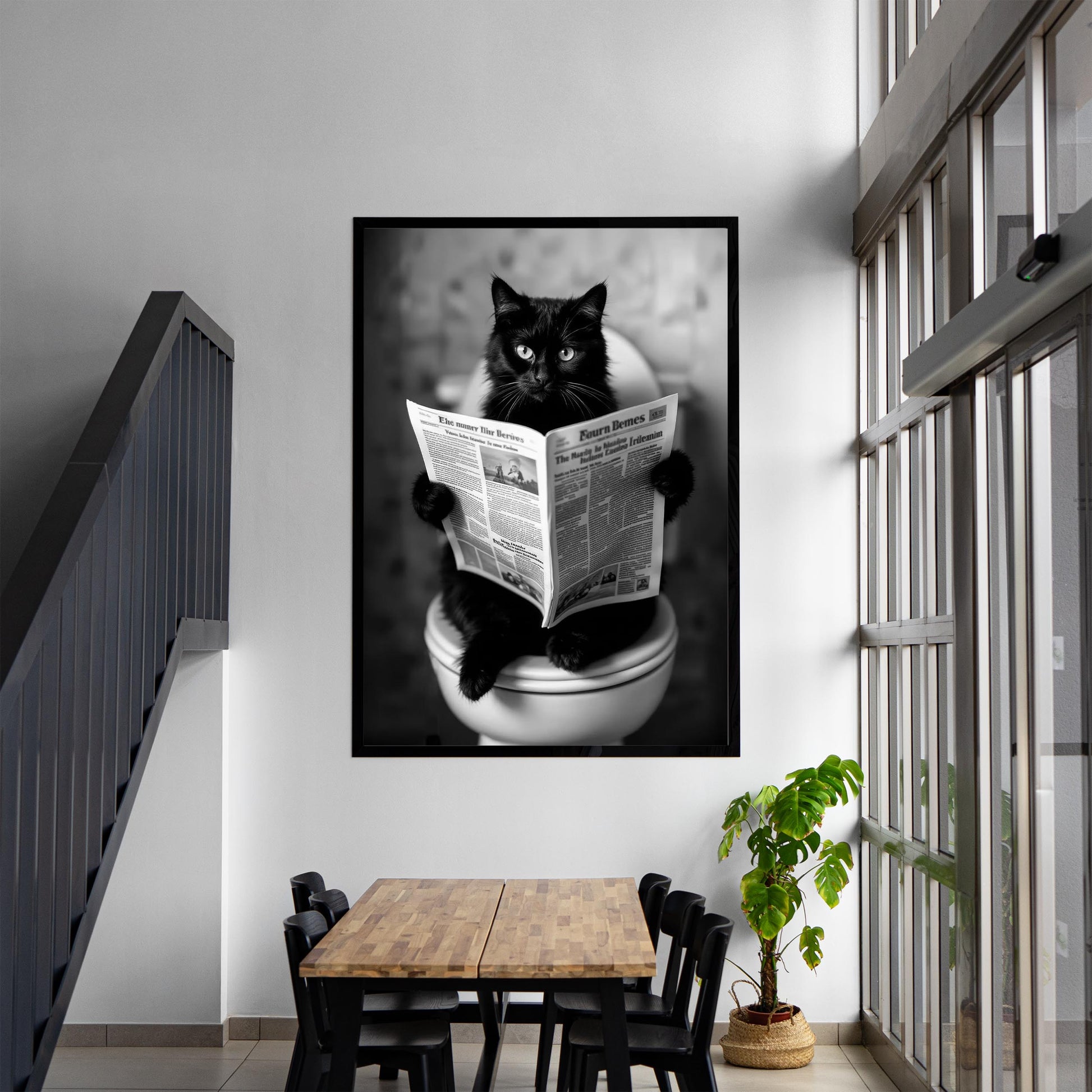 Cat On Toilet Print Black Cat Reading Newspaper, Funny Cat Poster, Bathroom Decor, Bathroom Wall Art - Black And White D