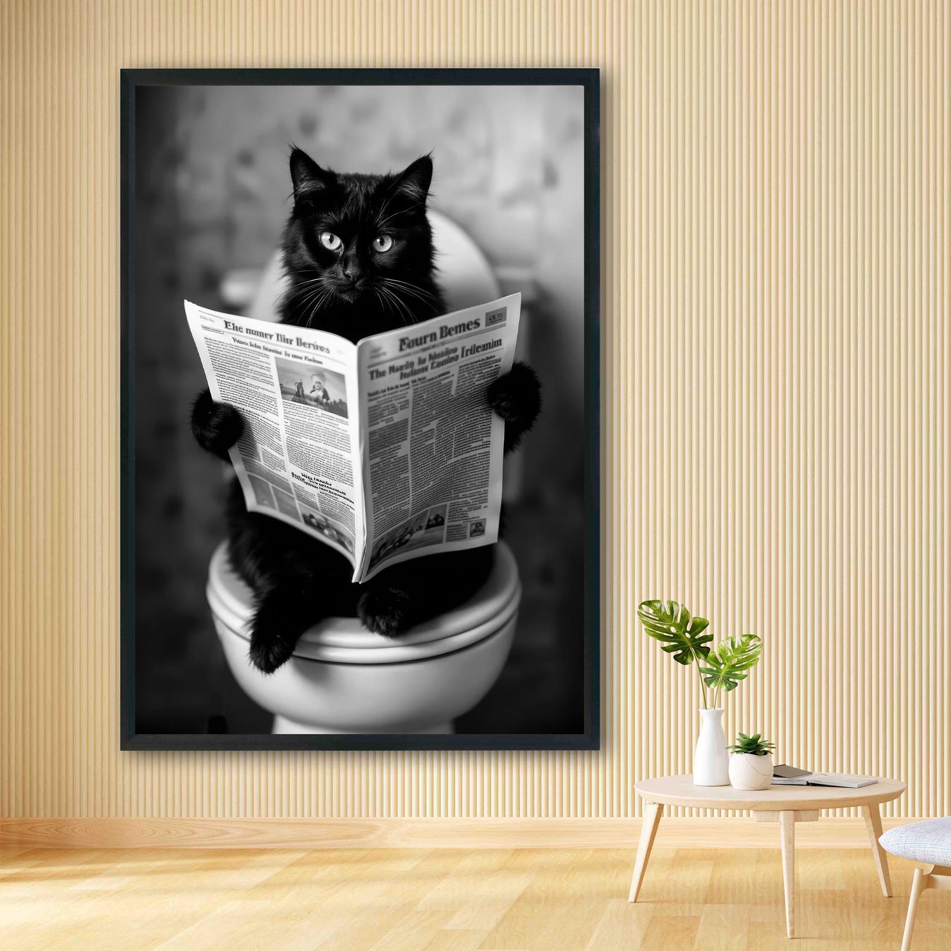 Cat On Toilet Print Black Cat Reading Newspaper, Funny Cat Poster, Bathroom Decor, Bathroom Wall Art - Black And White D