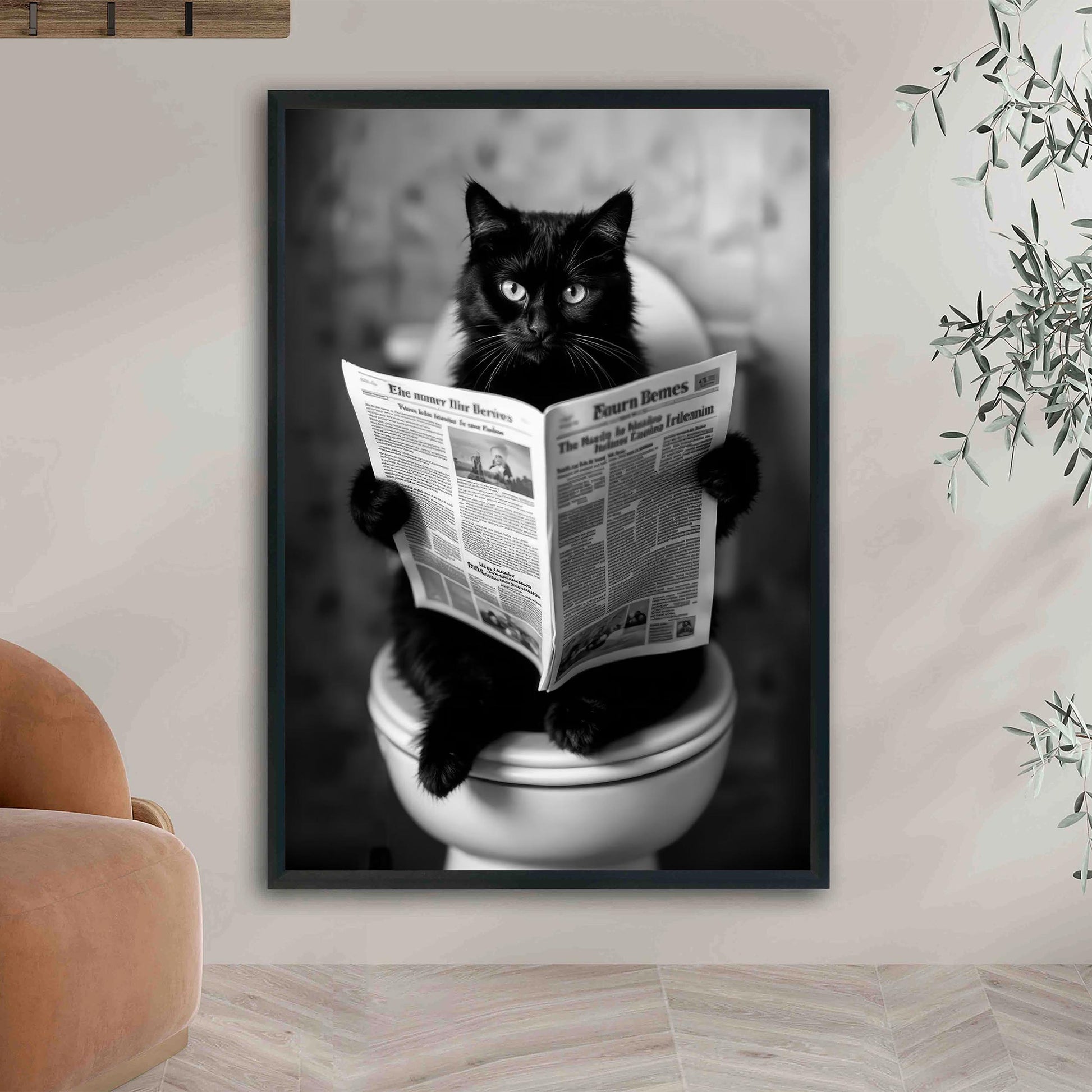 Cat On Toilet Print Black Cat Reading Newspaper, Funny Cat Poster, Bathroom Decor, Bathroom Wall Art - Black And White D