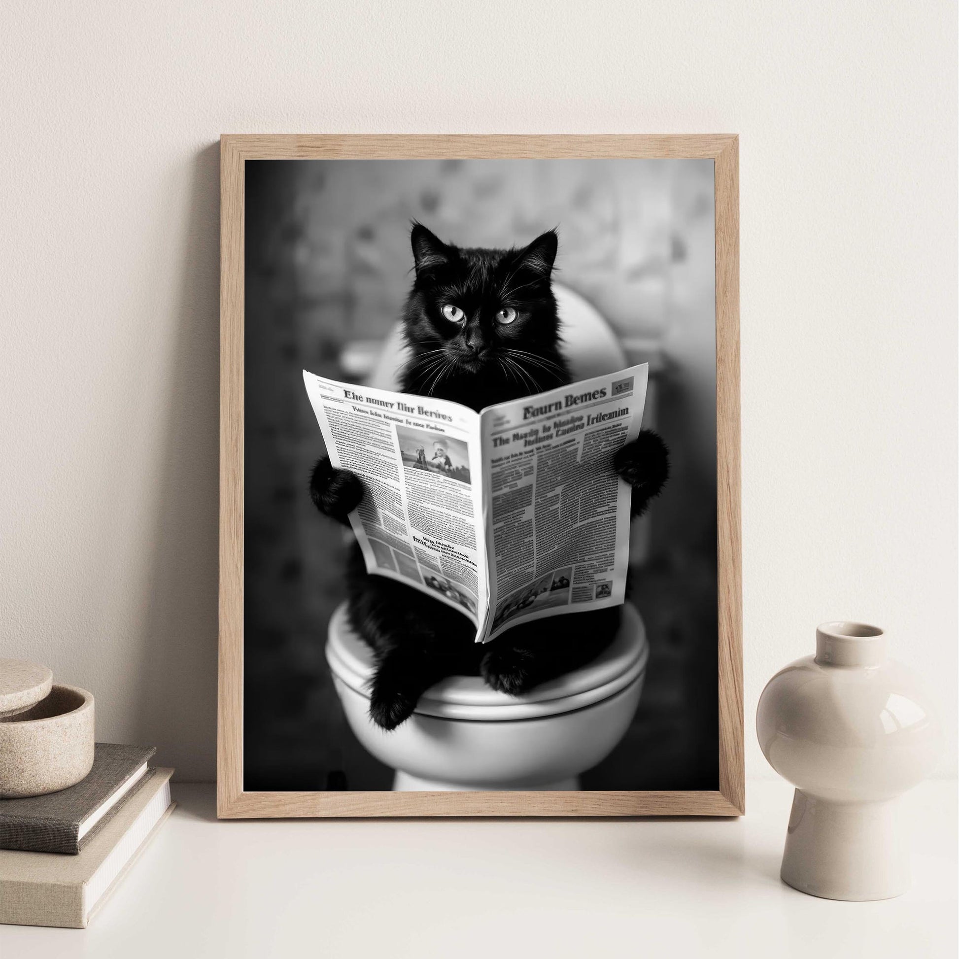 Cat On Toilet Print Black Cat Reading Newspaper, Funny Cat Poster, Bathroom Decor, Bathroom Wall Art - Black And White D