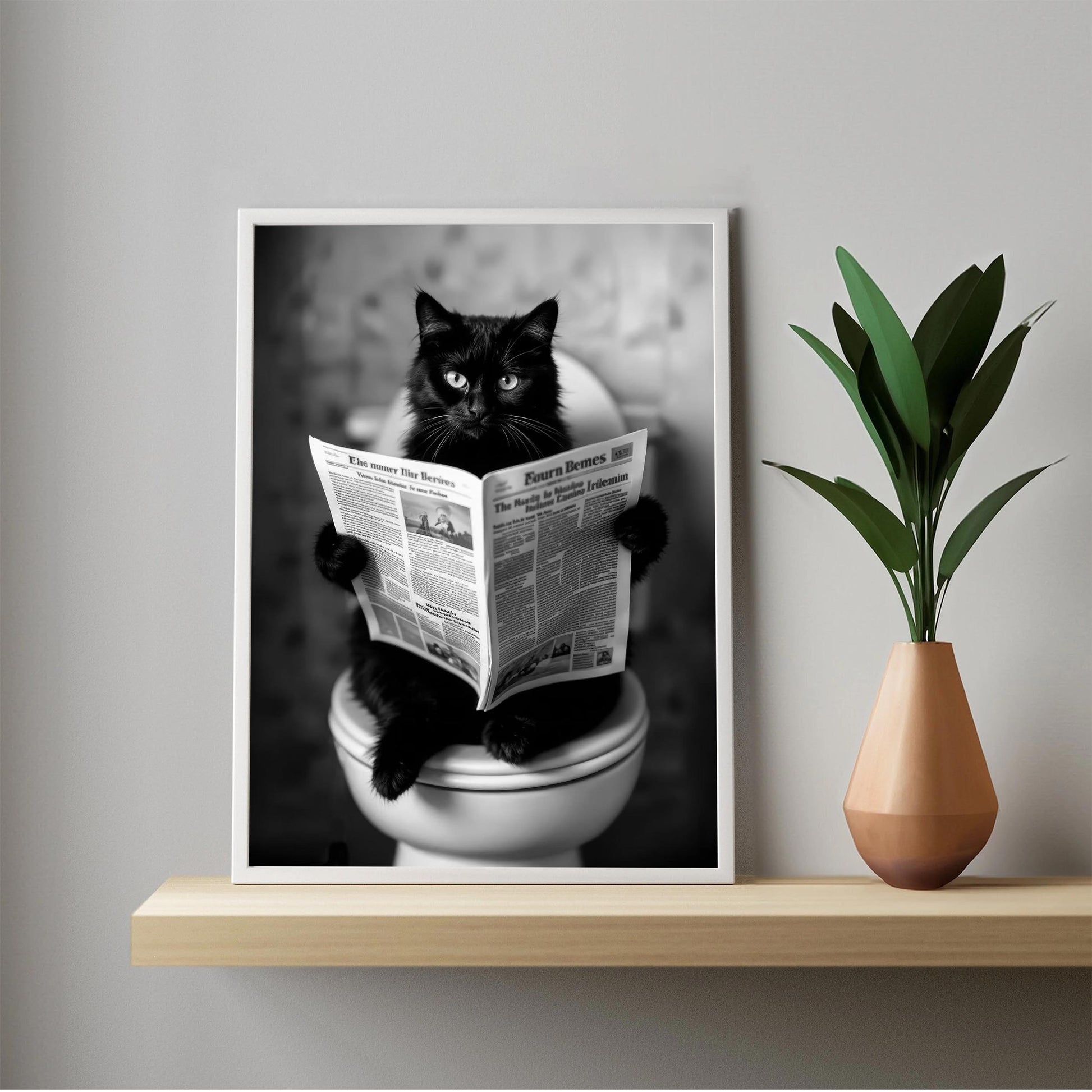 Cat On Toilet Print Black Cat Reading Newspaper, Funny Cat Poster, Bathroom Decor, Bathroom Wall Art - Black And White D