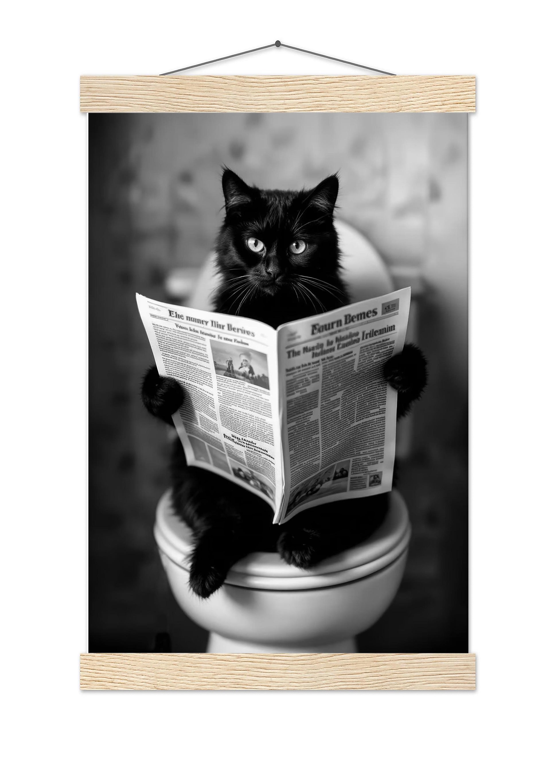 Cat On Toilet Print Black Cat Reading Newspaper, Funny Cat Poster, Bathroom Decor, Bathroom Wall Art - Black And White D