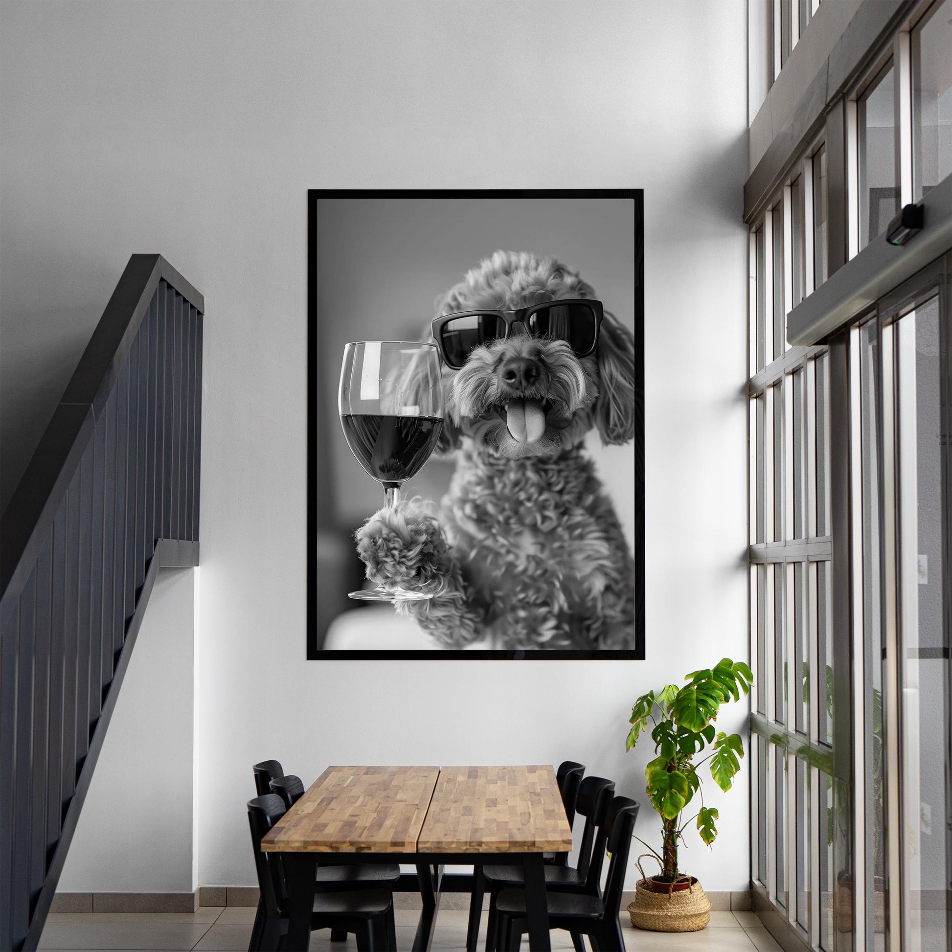Cavapoo Drinking Wine Wall Art Funny Dog Print, Bar Cart Decor, Quirky Kitchen Poster, Black and White Print