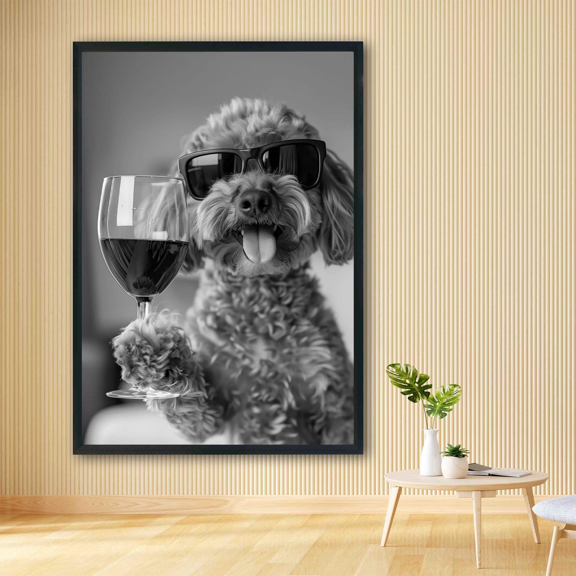 Cavapoo Drinking Wine Wall Art Funny Dog Print, Bar Cart Decor, Quirky Kitchen Poster, Black and White Print