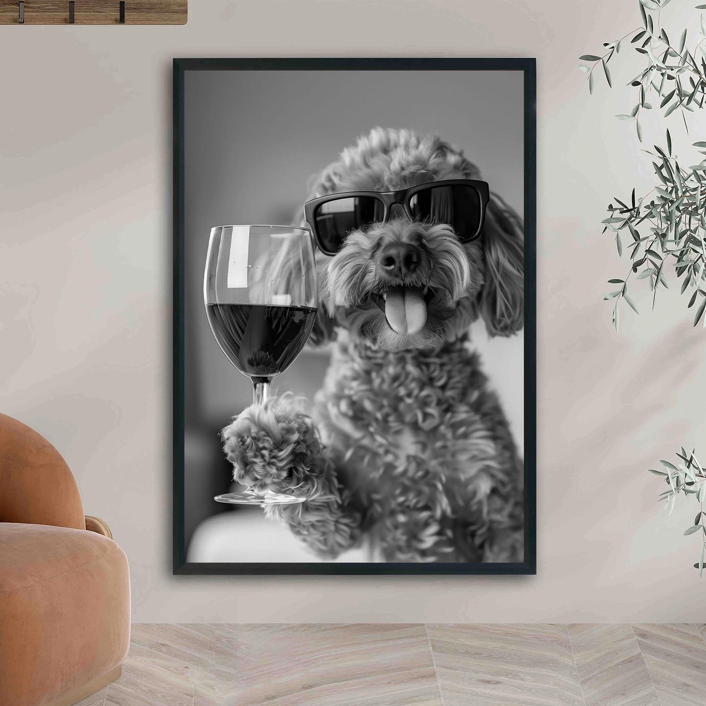 Cavapoo Drinking Wine Wall Art Funny Dog Print, Bar Cart Decor, Quirky Kitchen Poster, Black and White Print