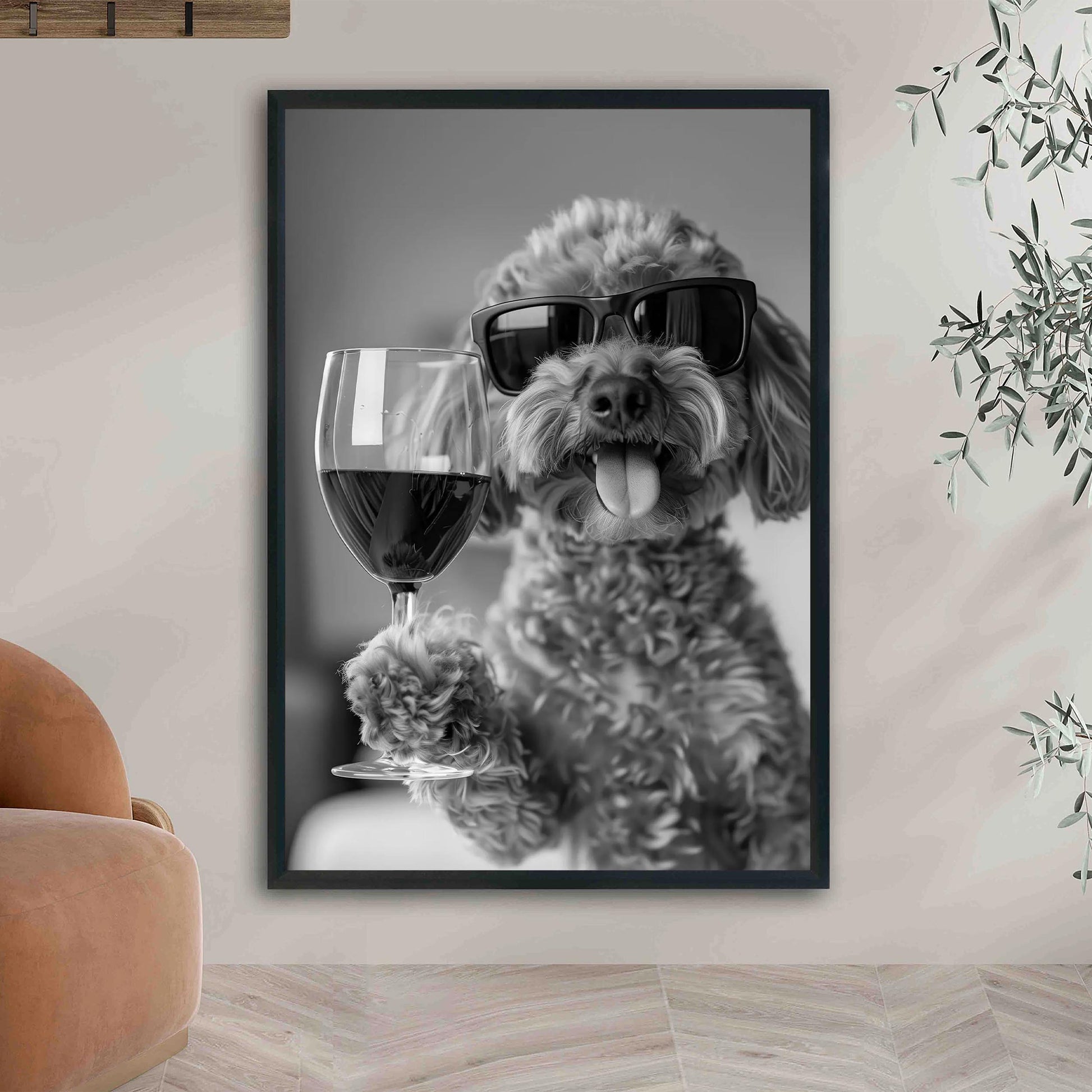 Cavapoo Drinking Wine Wall Art Funny Dog Print, Bar Cart Decor, Quirky Kitchen Poster, Black and White Print