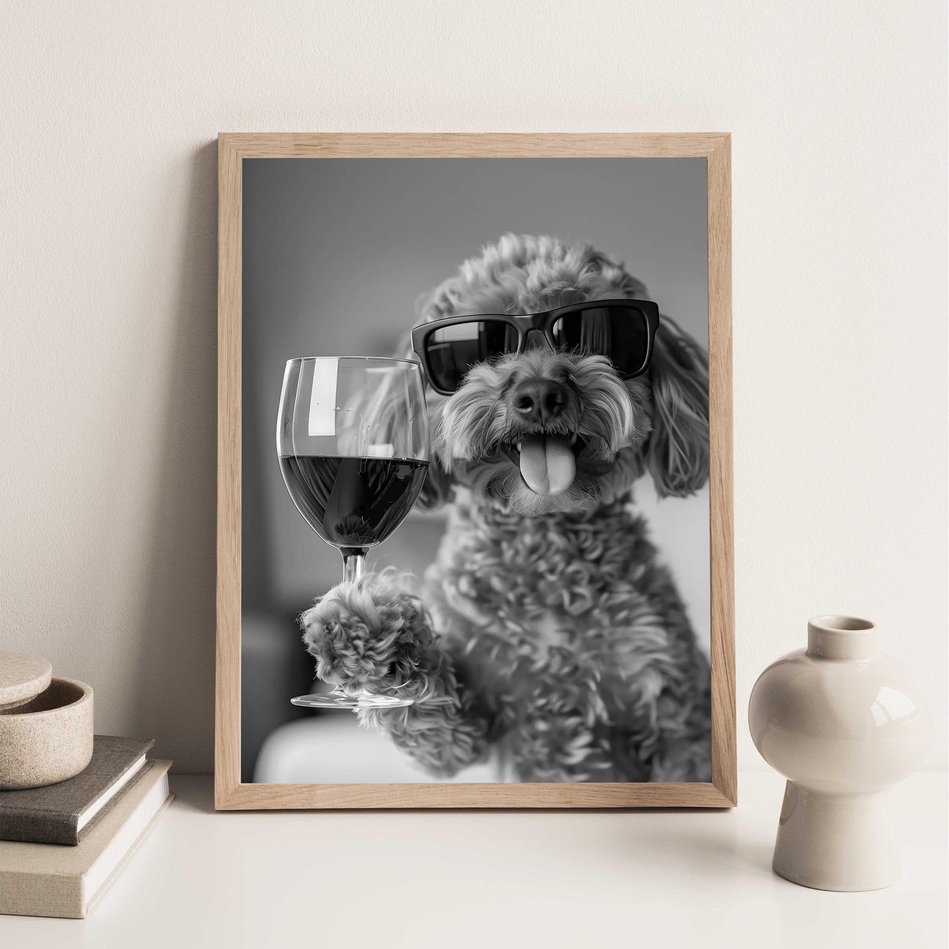 Cavapoo Drinking Wine Wall Art Funny Dog Print, Bar Cart Decor, Quirky Kitchen Poster, Black and White Print