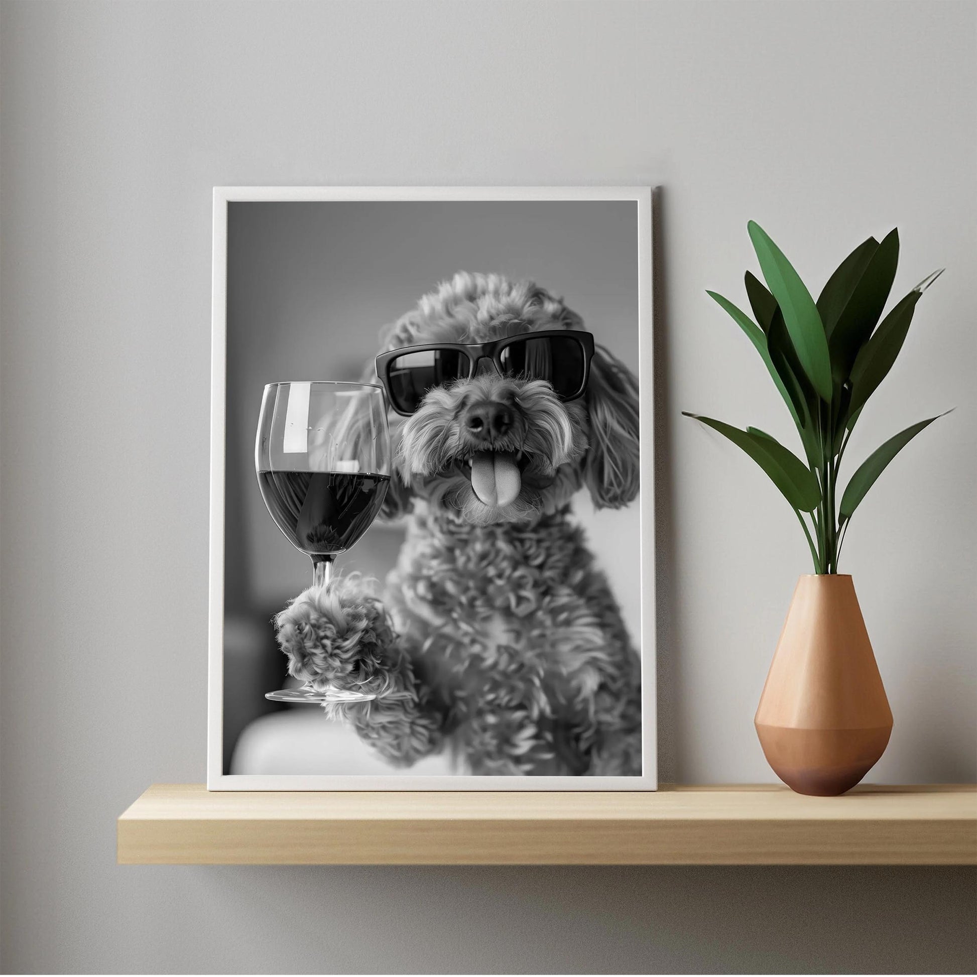 Cavapoo Drinking Wine Wall Art Funny Dog Print, Bar Cart Decor, Quirky Kitchen Poster, Black and White Print