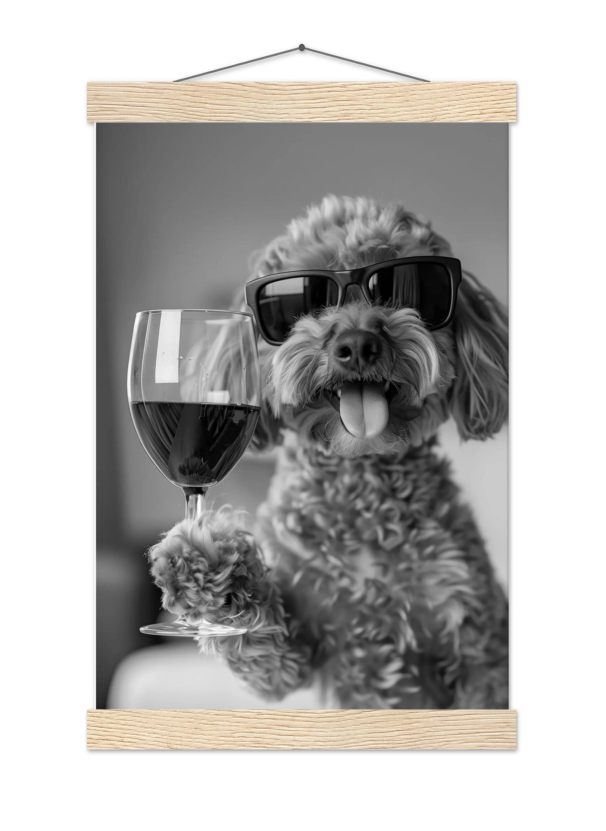 Cavapoo Drinking Wine Wall Art Funny Dog Print, Bar Cart Decor, Quirky Kitchen Poster, Black and White Print