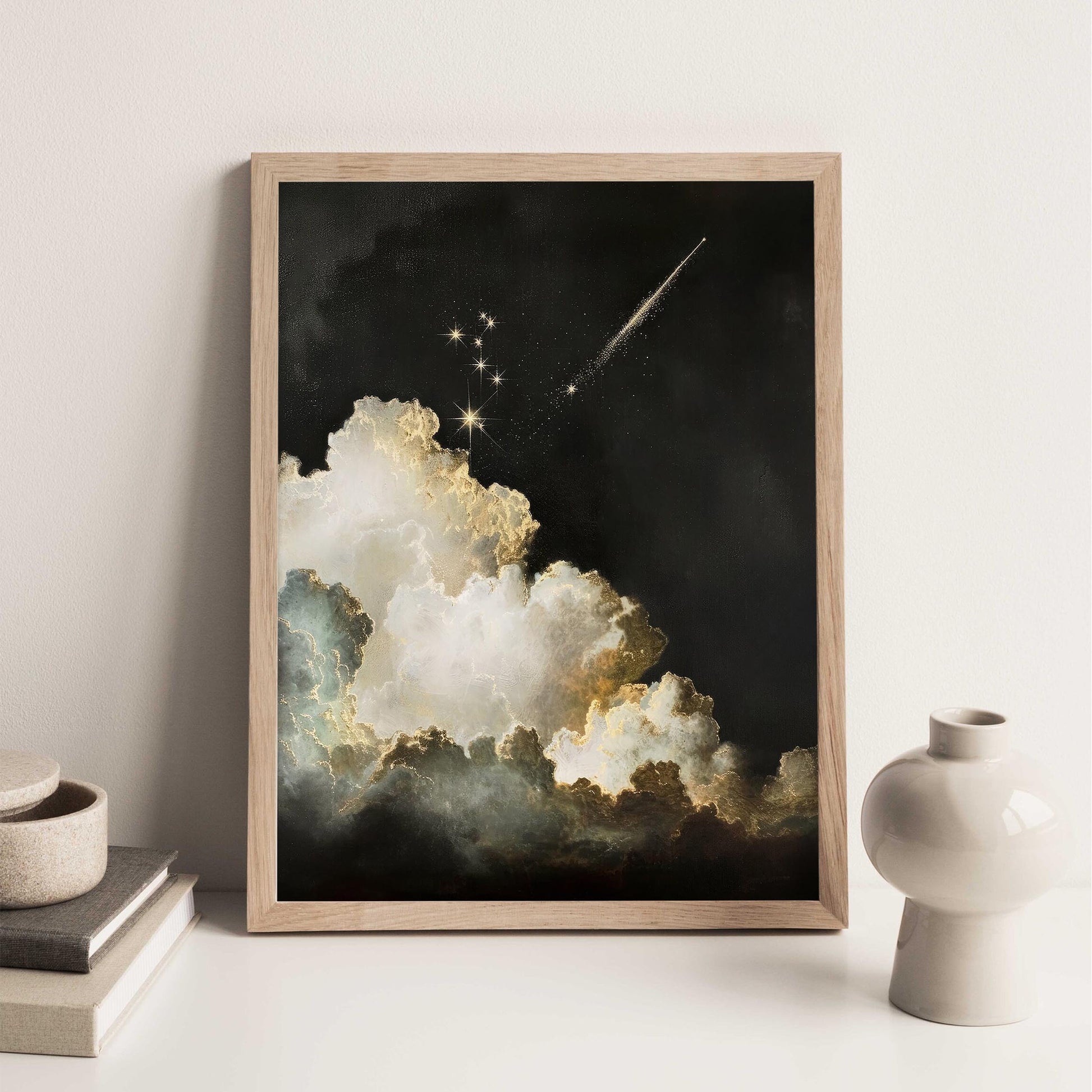 Celestial Sky Shooting Star Oil Painting Wall Art Vintage Print Moody Academia Print Stars Clouds Nursery Pr