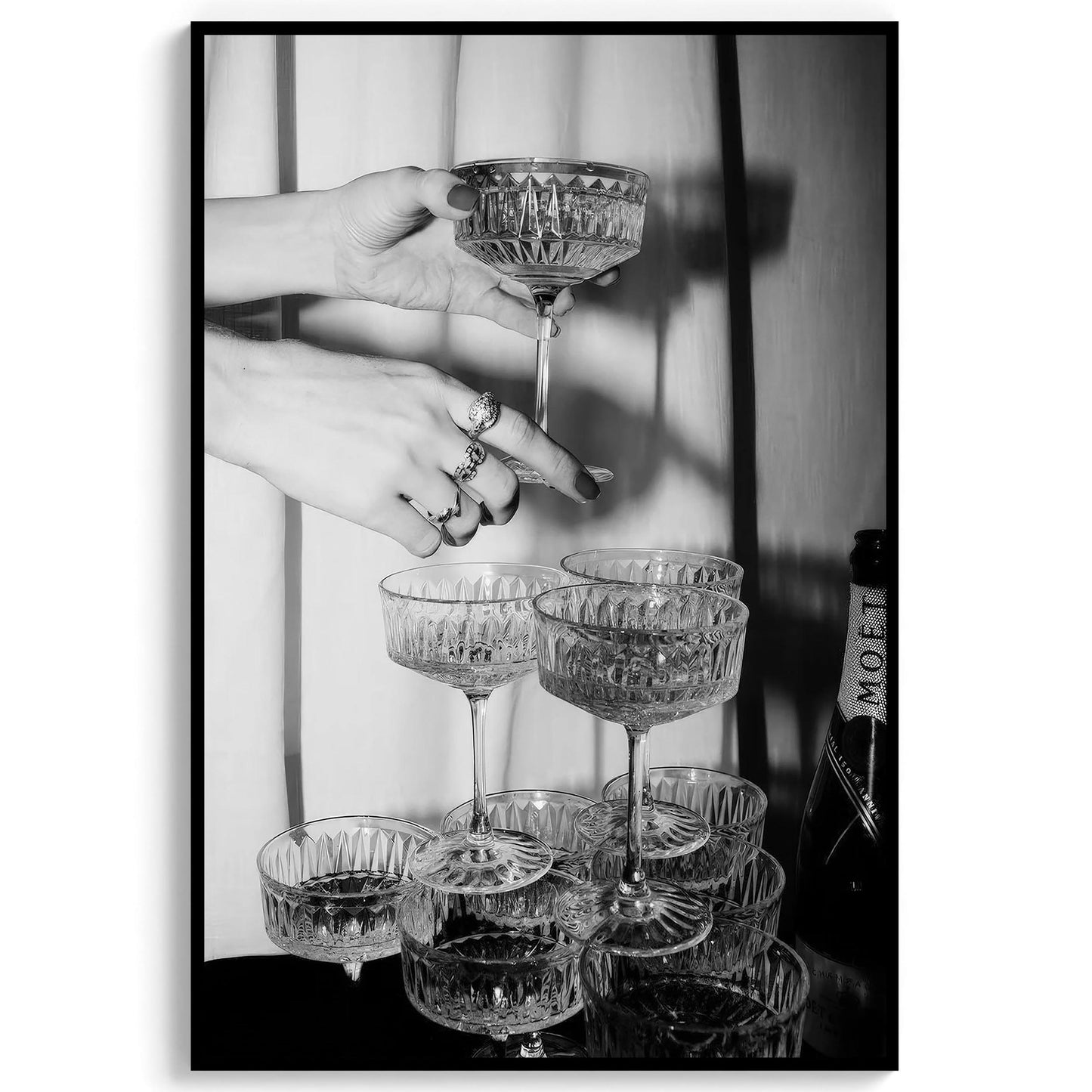 Champagne Glasses Print Retro Champagne Tower Poster, Bar Cart Print, Cocktail Decor, Classy Wall Decor - Black and Whit