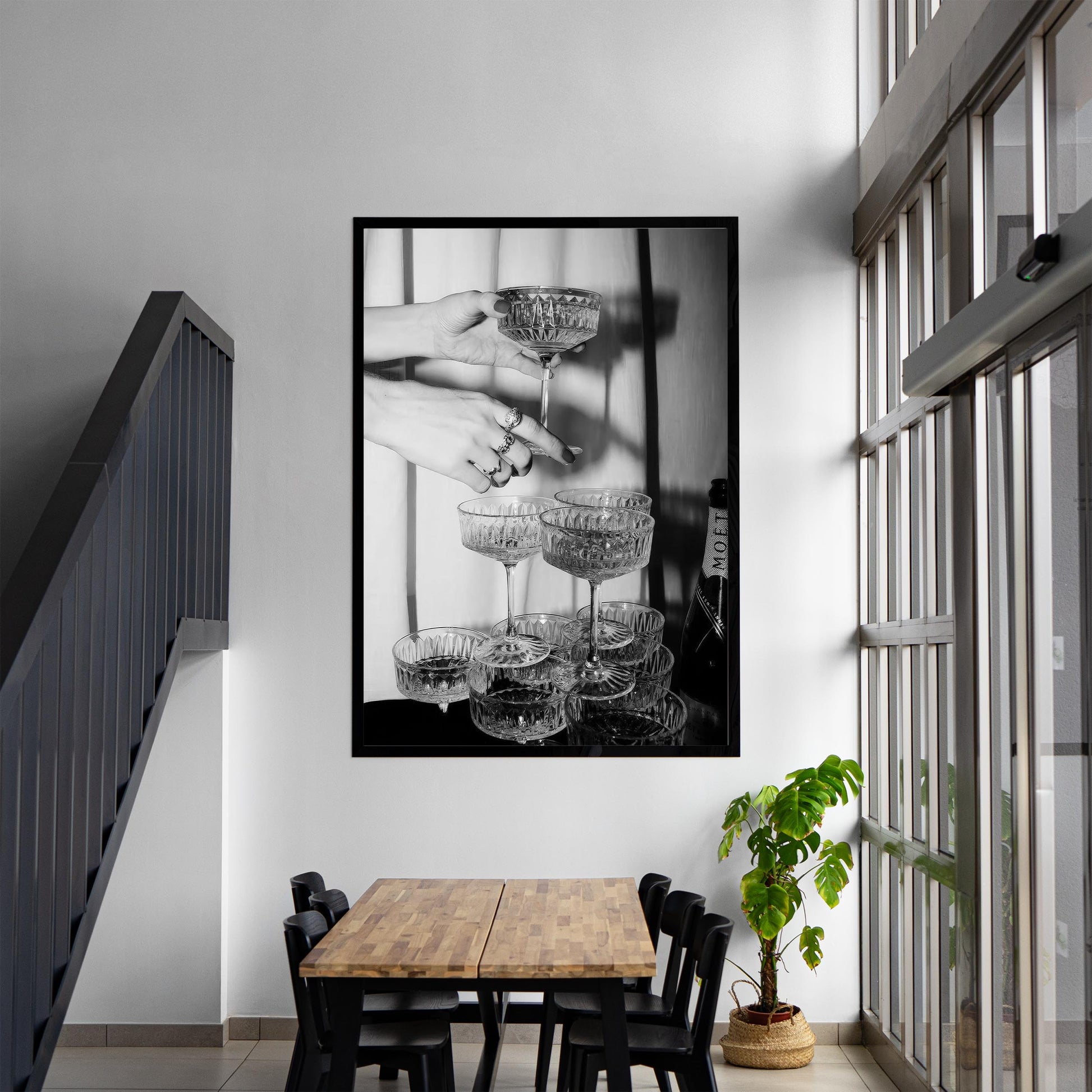 Champagne Glasses Print Retro Champagne Tower Poster, Bar Cart Print, Cocktail Decor, Classy Wall Decor - Black and Whit