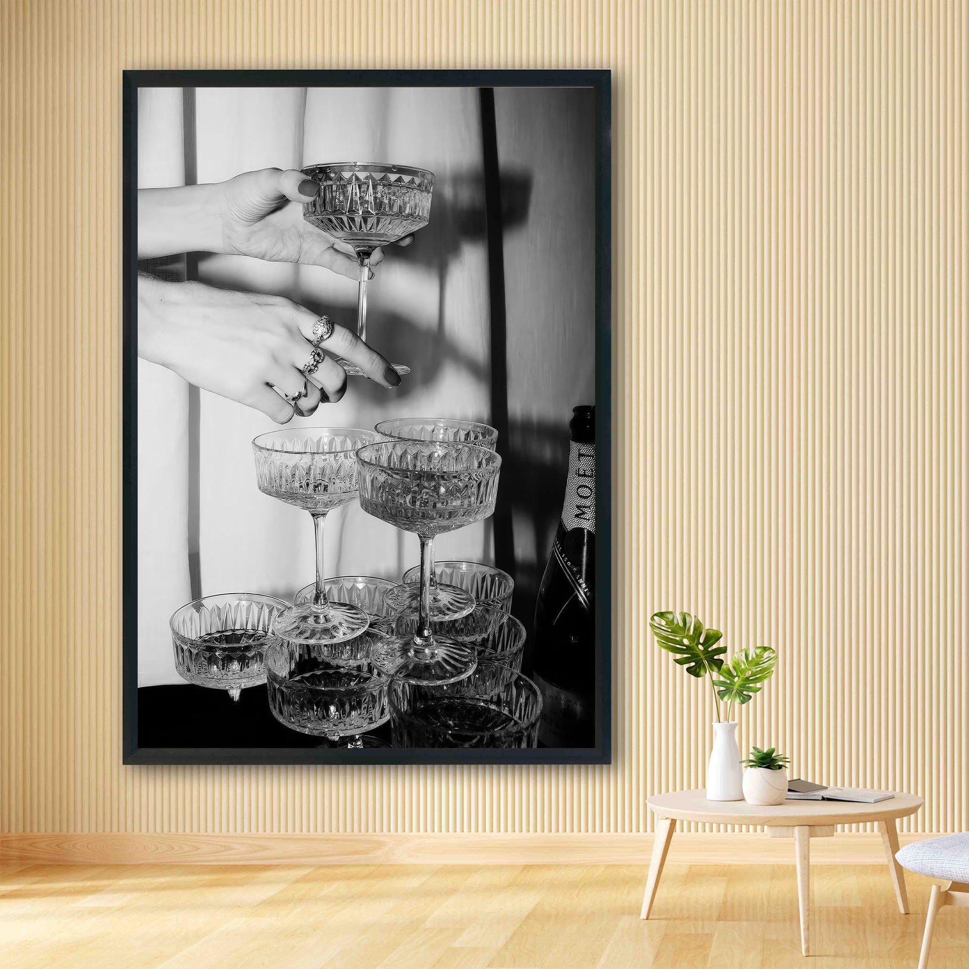 Champagne Glasses Print Retro Champagne Tower Poster, Bar Cart Print, Cocktail Decor, Classy Wall Decor - Black and Whit