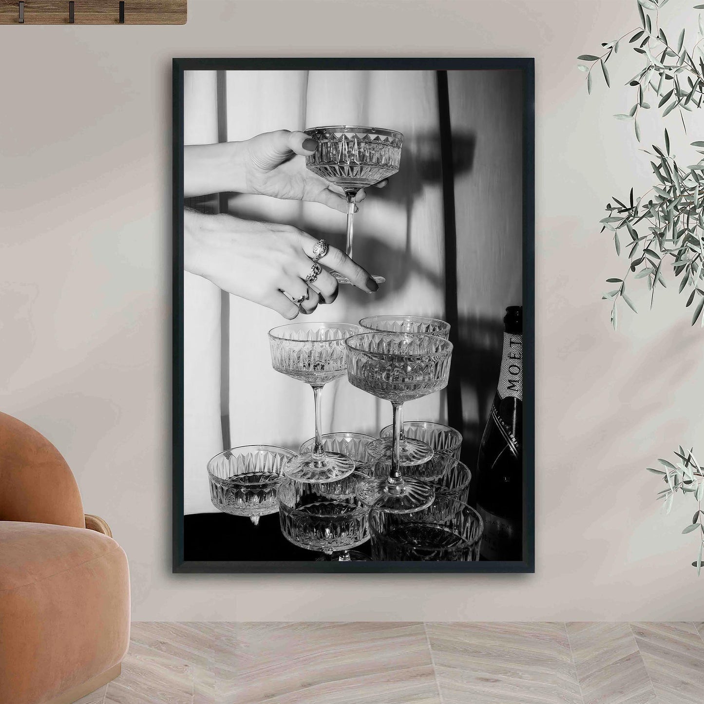 Champagne Glasses Print Retro Champagne Tower Poster, Bar Cart Print, Cocktail Decor, Classy Wall Decor - Black and Whit