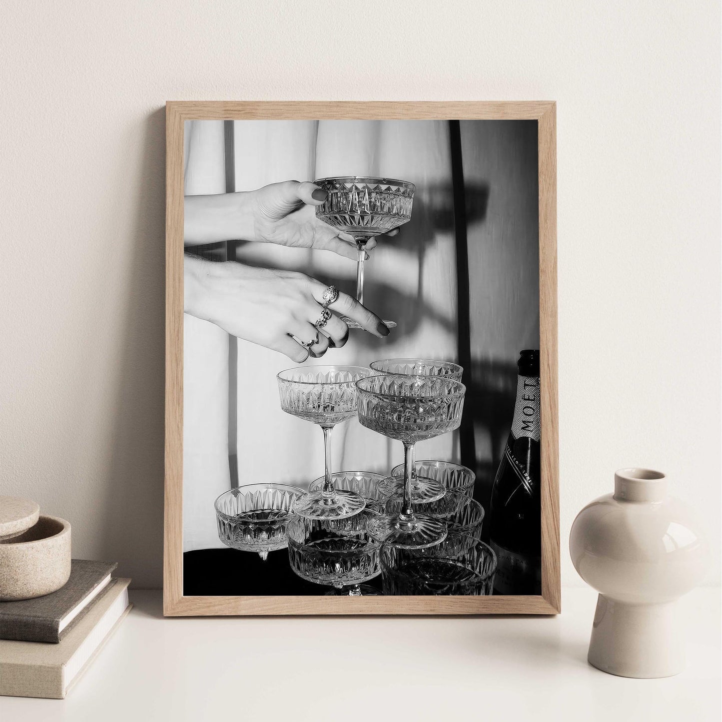 Champagne Glasses Print Retro Champagne Tower Poster, Bar Cart Print, Cocktail Decor, Classy Wall Decor - Black and Whit