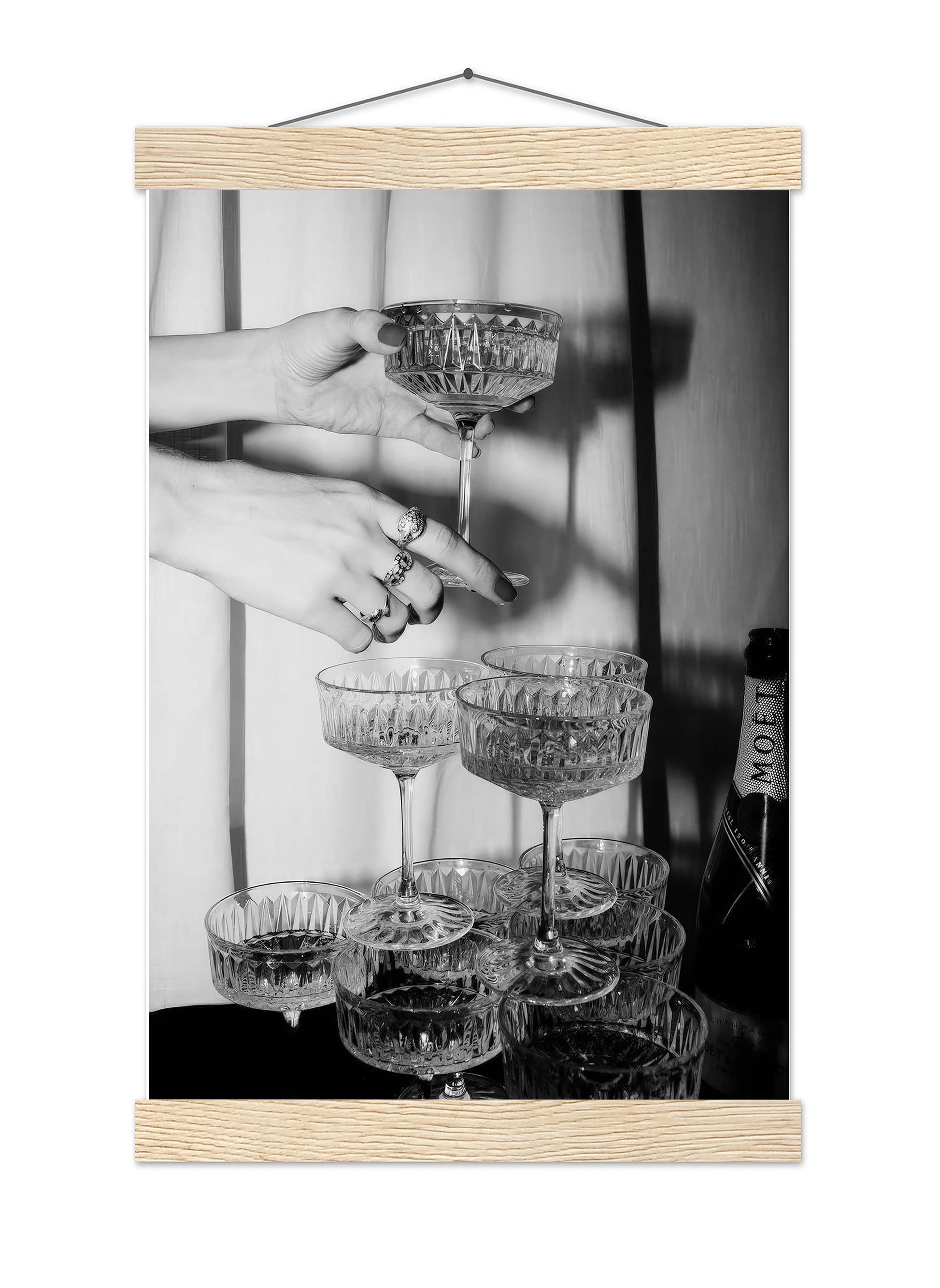 Champagne Glasses Print Retro Champagne Tower Poster, Bar Cart Print, Cocktail Decor, Classy Wall Decor - Black and Whit