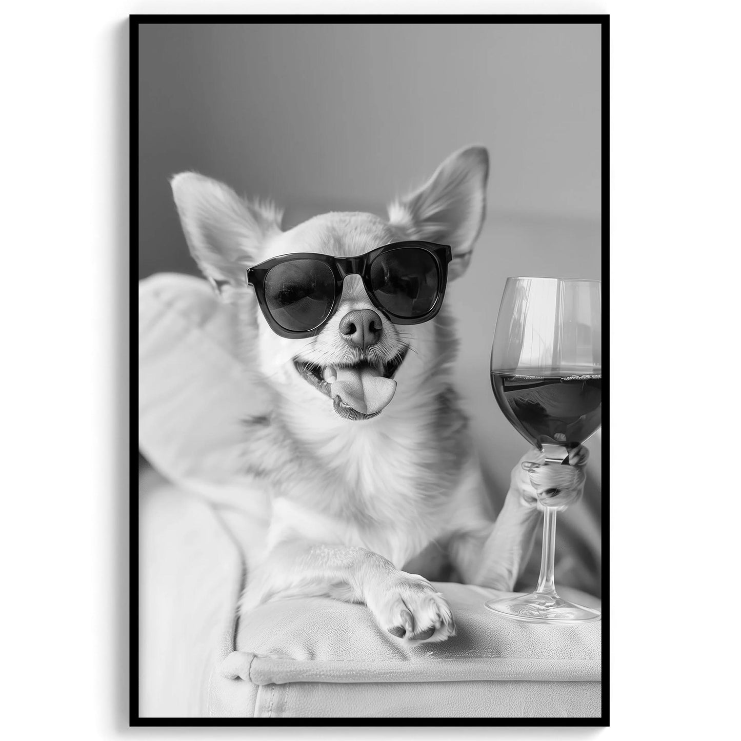 Chihuahua Drinking Wine Print Bar Cart Print, Funny Dog Poster, Trendy Kitchen Decor - Black and White Wall Art