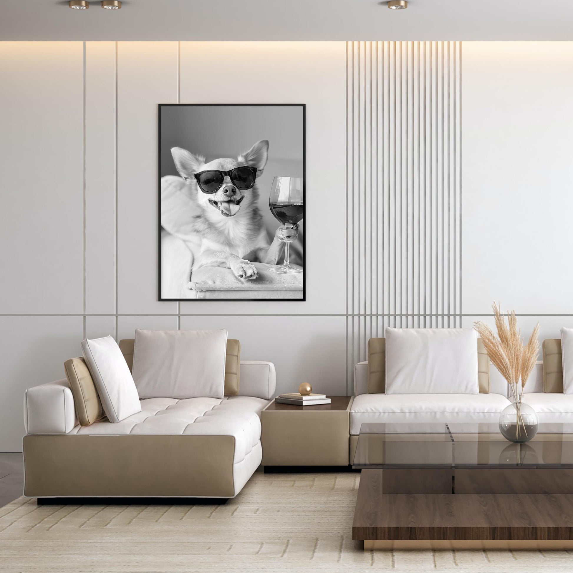 Chihuahua Drinking Wine Print Bar Cart Print, Funny Dog Poster, Trendy Kitchen Decor - Black and White Wall Art