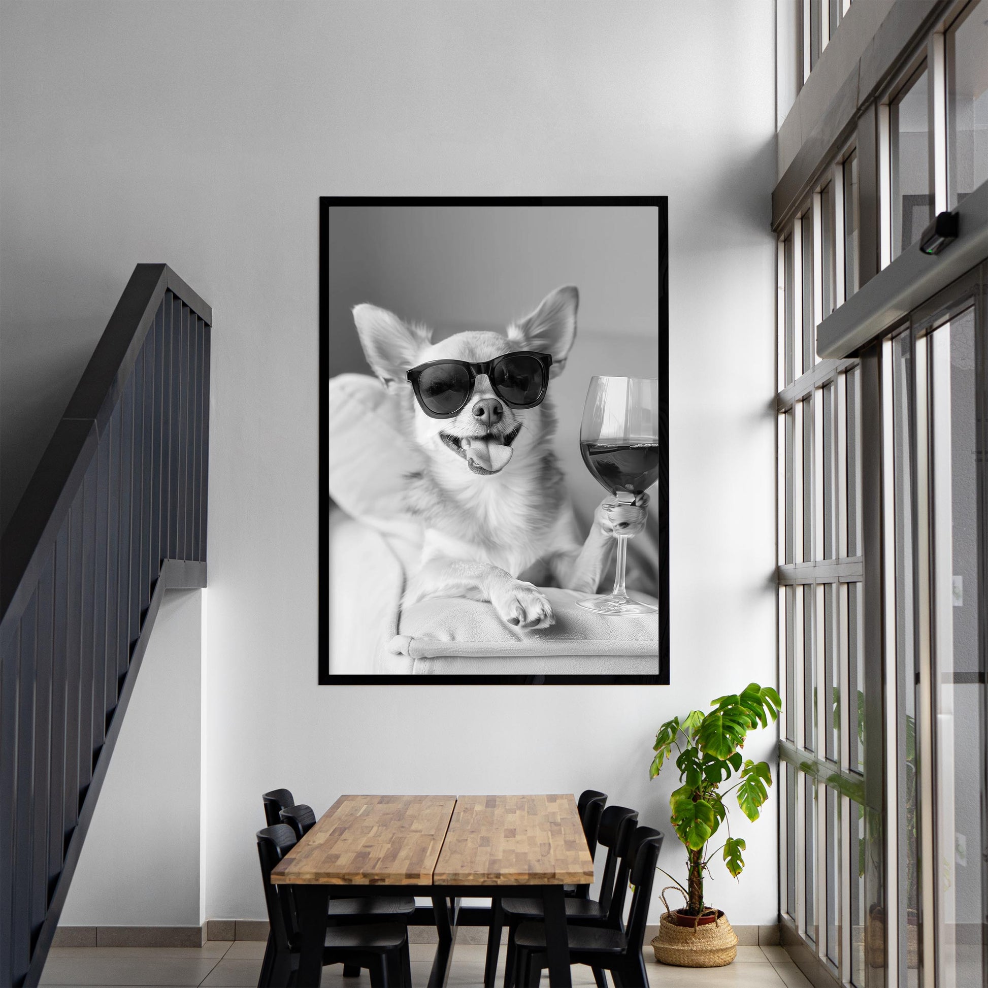 Chihuahua Drinking Wine Print Bar Cart Print, Funny Dog Poster, Trendy Kitchen Decor - Black and White Wall Art