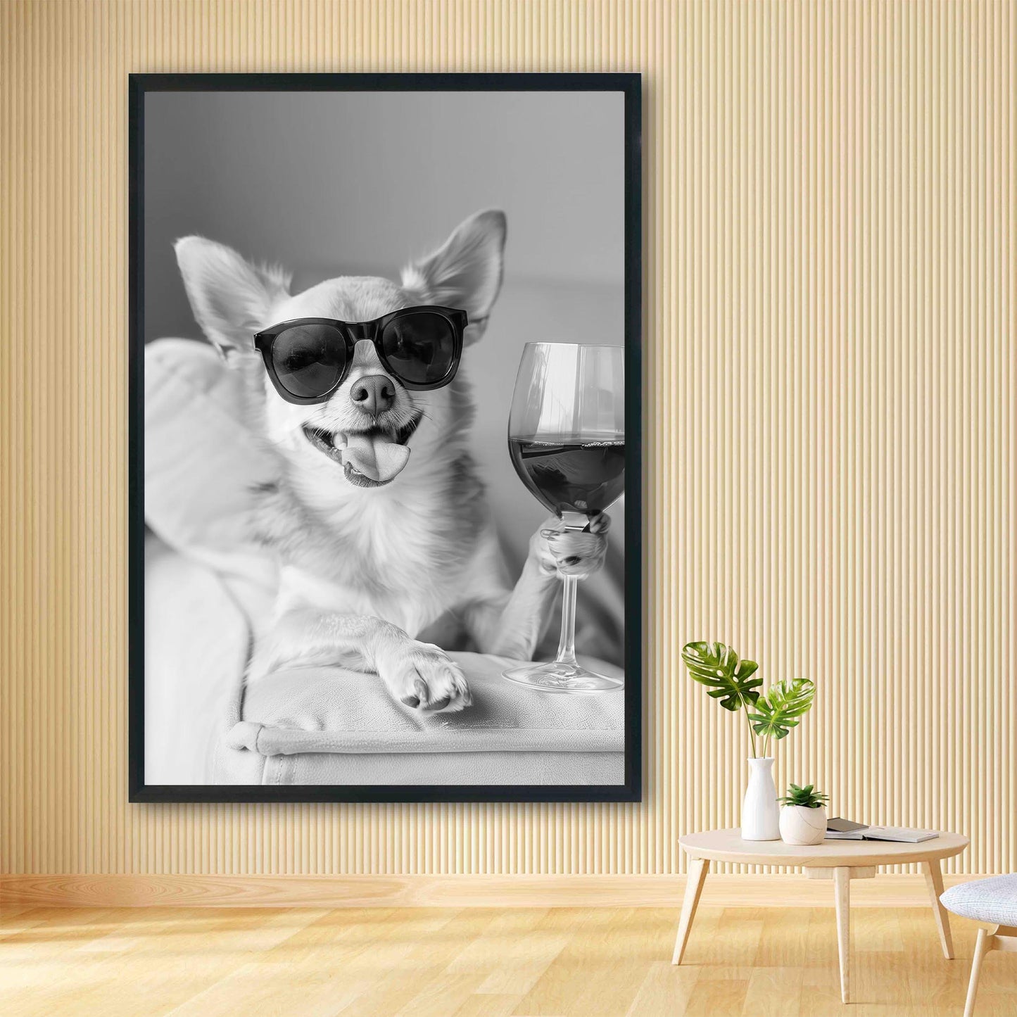 Chihuahua Drinking Wine Print Bar Cart Print, Funny Dog Poster, Trendy Kitchen Decor - Black and White Wall Art