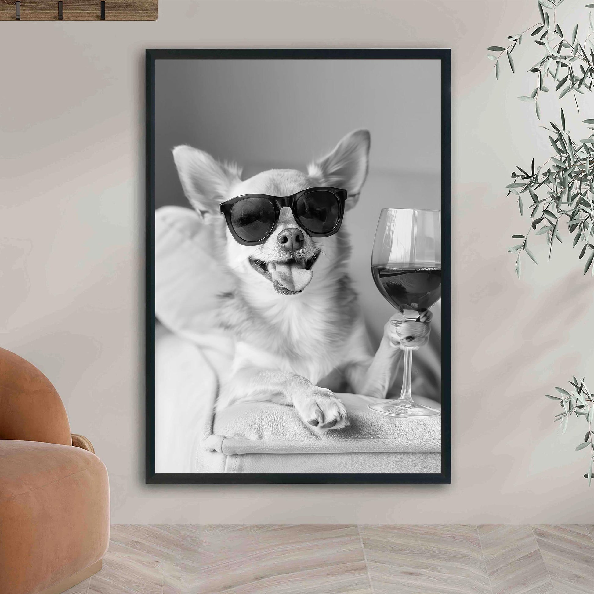 Chihuahua Drinking Wine Print Bar Cart Print, Funny Dog Poster, Trendy Kitchen Decor - Black and White Wall Art