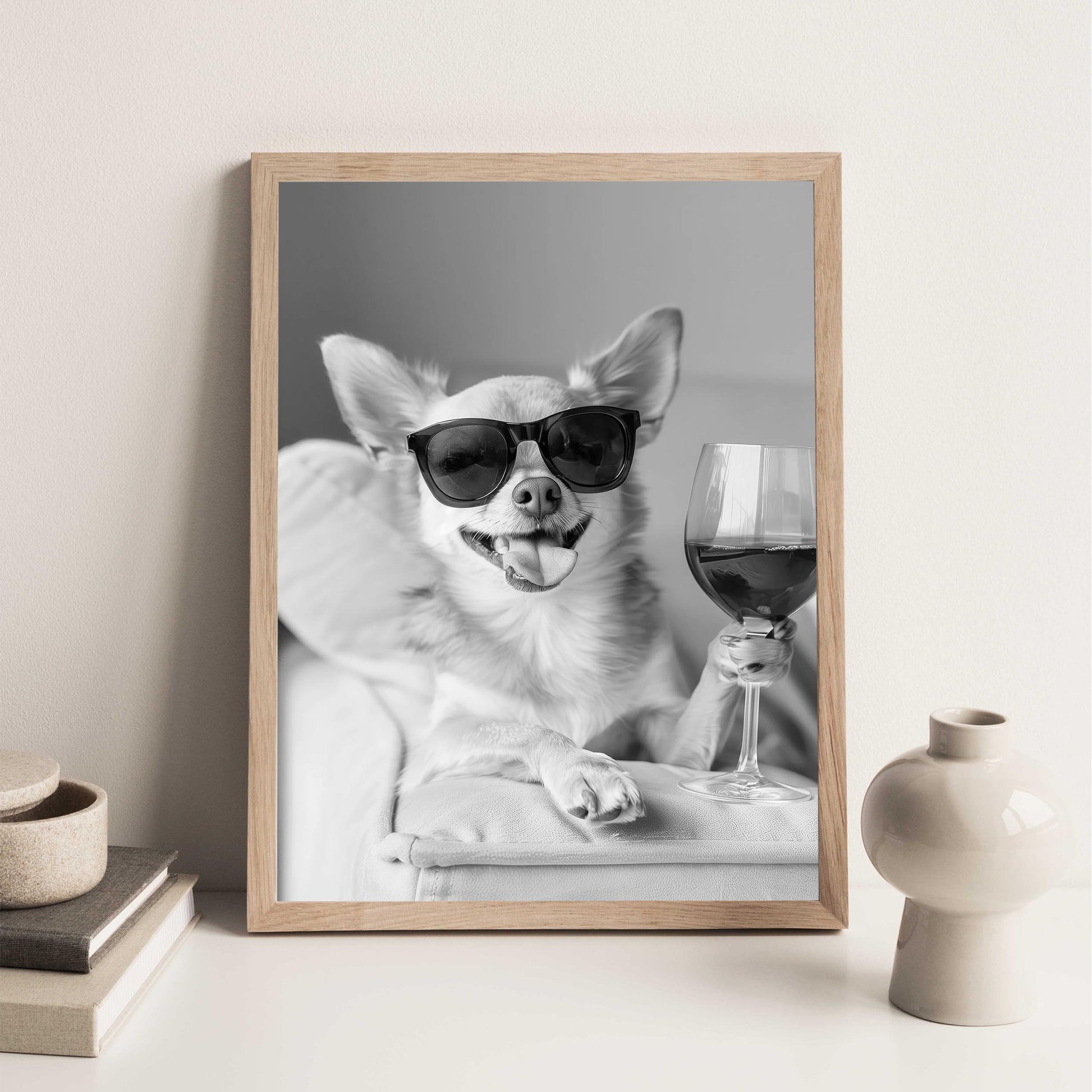 Chihuahua Drinking Wine Print Bar Cart Print, Funny Dog Poster, Trendy Kitchen Decor - Black and White Wall Art