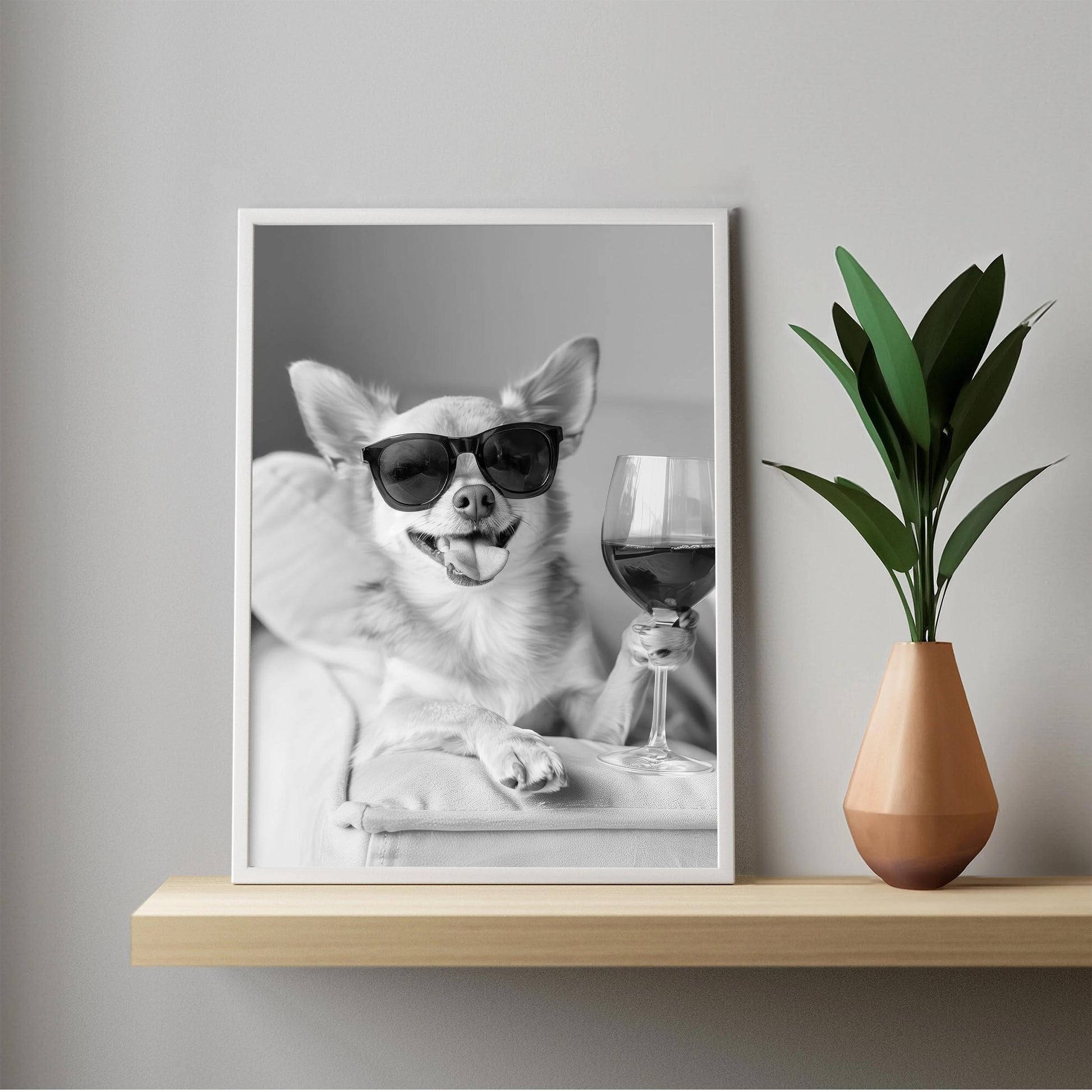 Chihuahua Drinking Wine Print Bar Cart Print, Funny Dog Poster, Trendy Kitchen Decor - Black and White Wall Art