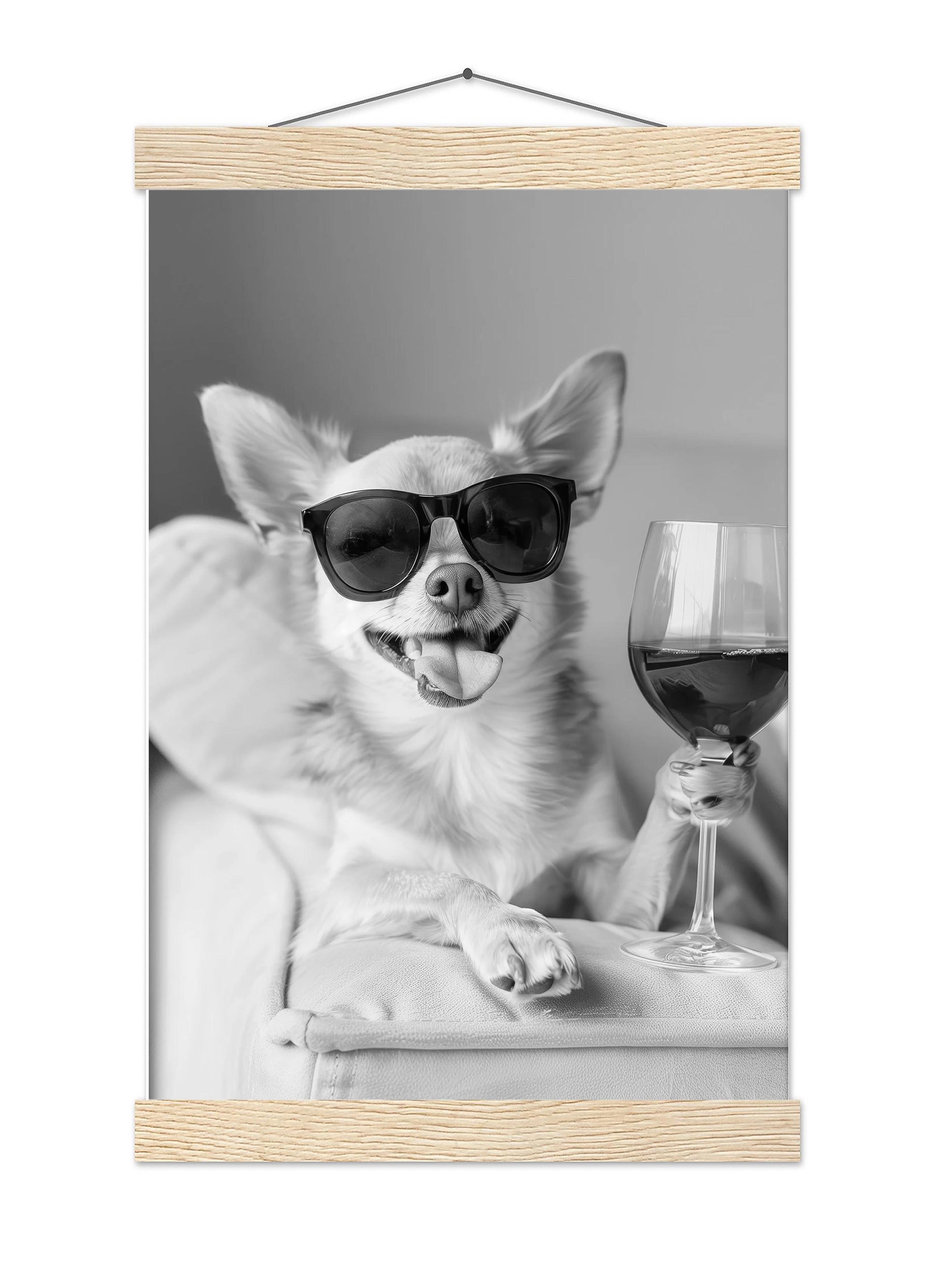 Chihuahua Drinking Wine Print Bar Cart Print, Funny Dog Poster, Trendy Kitchen Decor - Black and White Wall Art