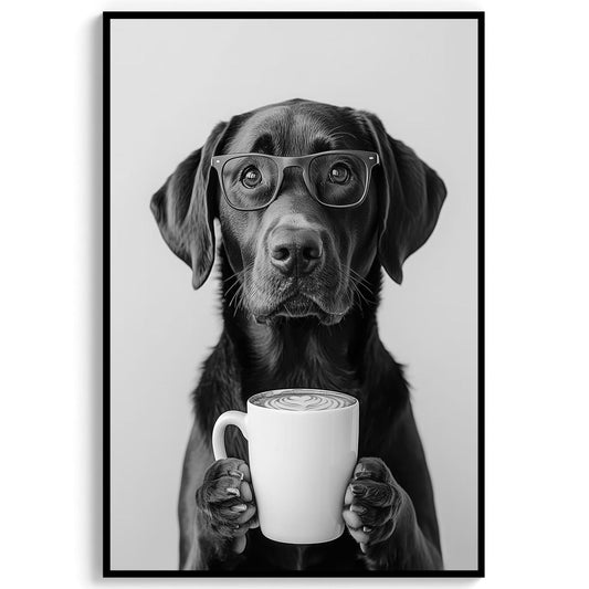 Chocolate Lab Coffee Print Coffee Bar Decor, Funny Labrador Dog Poster, Kitchen Wall Art - Black and White Print