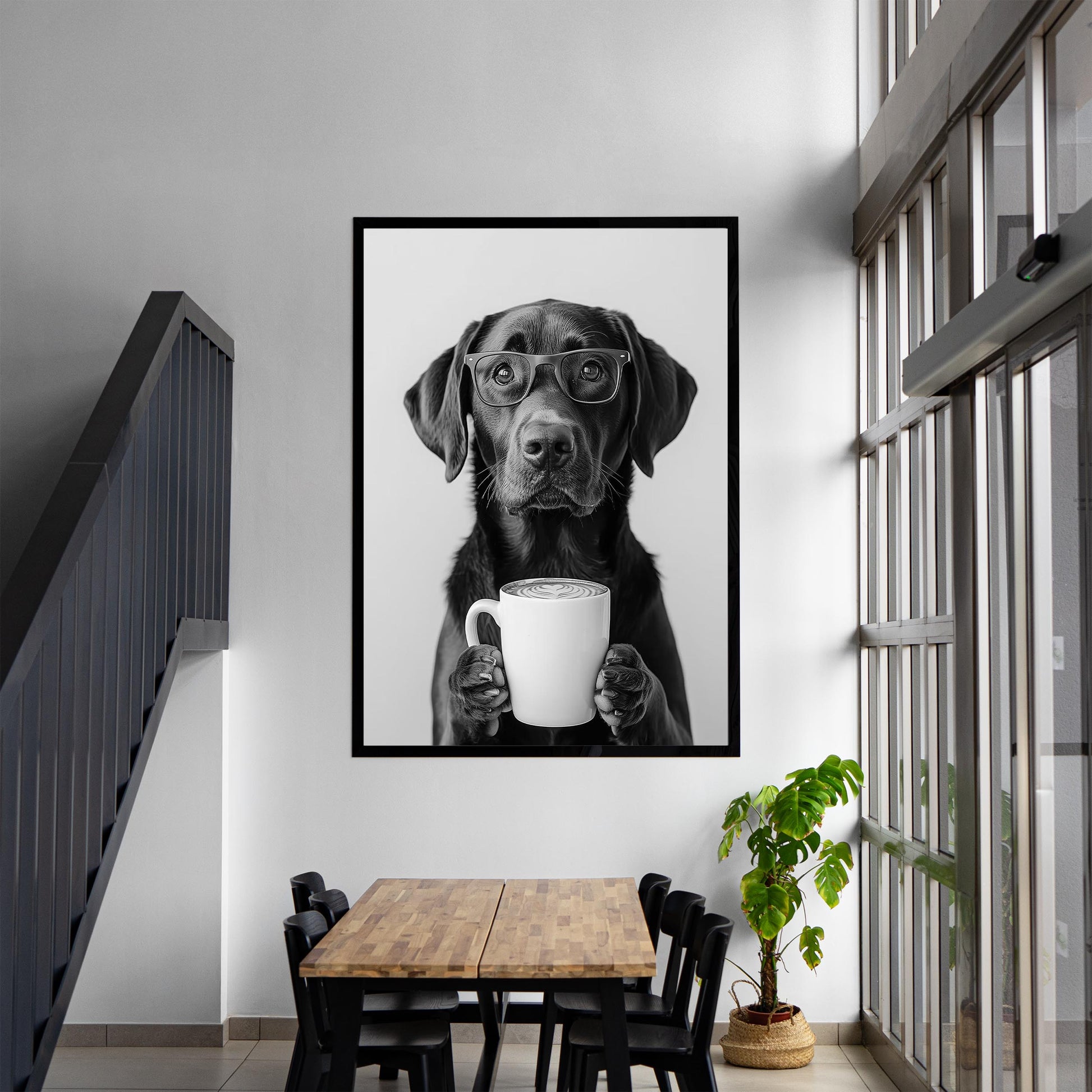 Chocolate Lab Coffee Print Coffee Bar Decor, Funny Labrador Dog Poster, Kitchen Wall Art - Black and White Print