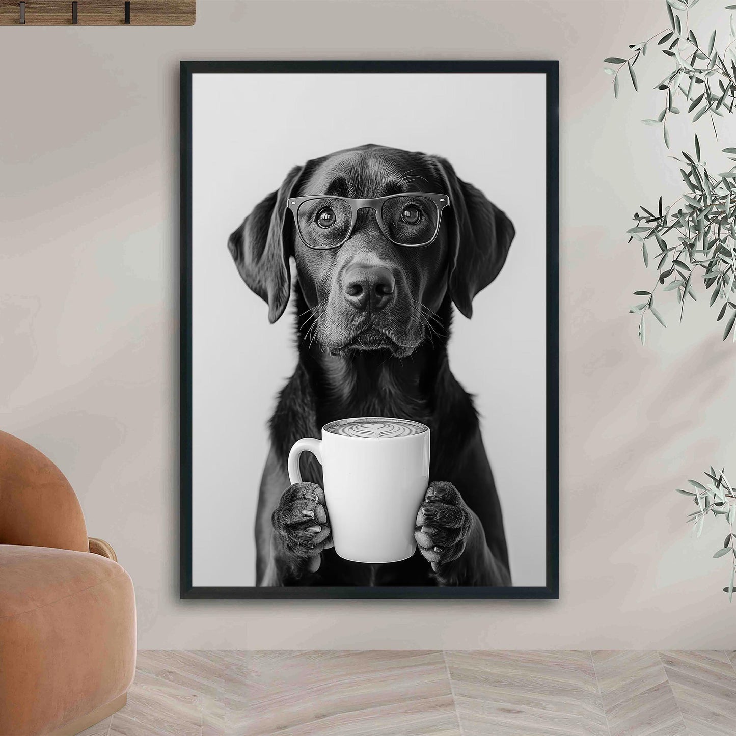 Chocolate Lab Coffee Print Coffee Bar Decor, Funny Labrador Dog Poster, Kitchen Wall Art - Black and White Print