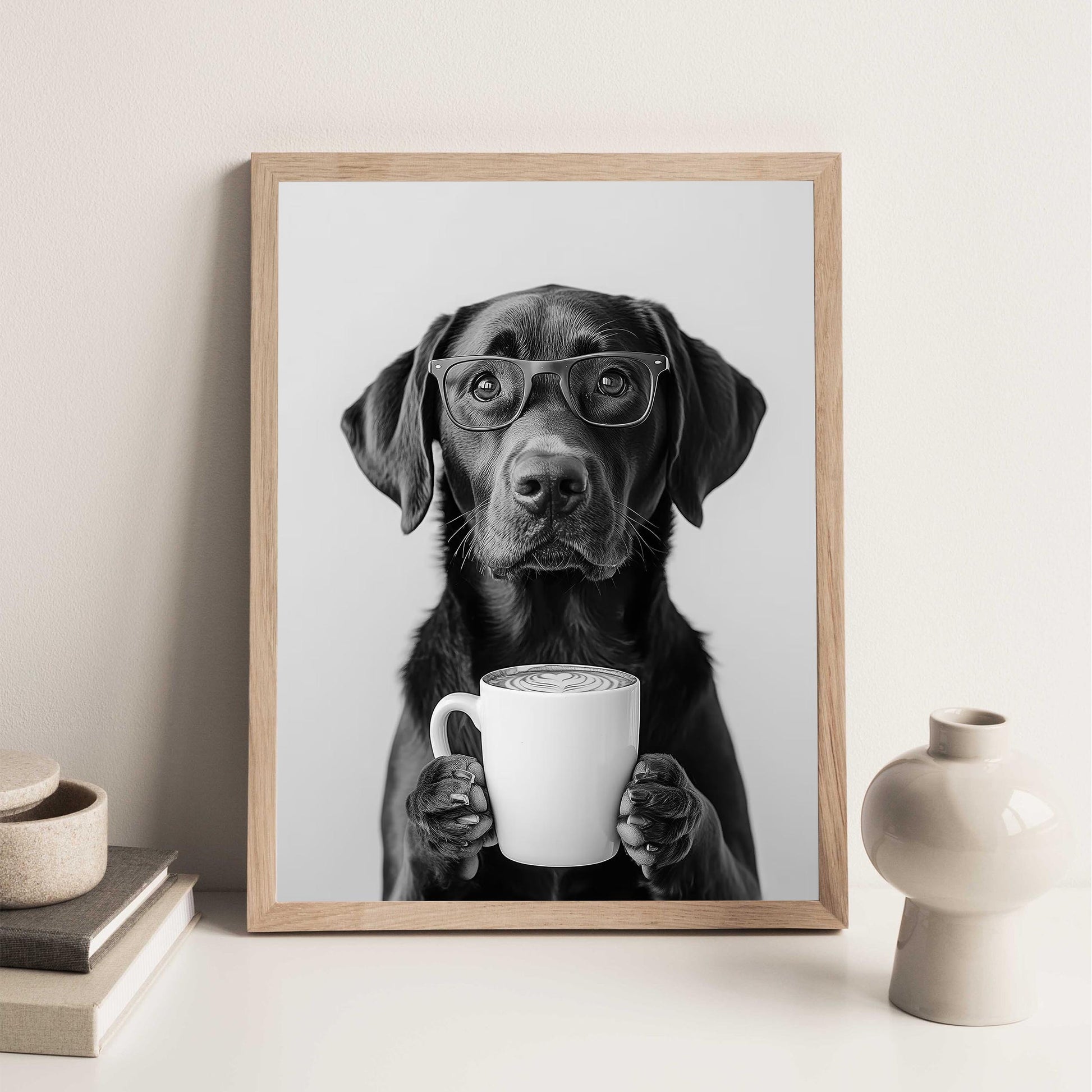 Chocolate Lab Coffee Print Coffee Bar Decor, Funny Labrador Dog Poster, Kitchen Wall Art - Black and White Print