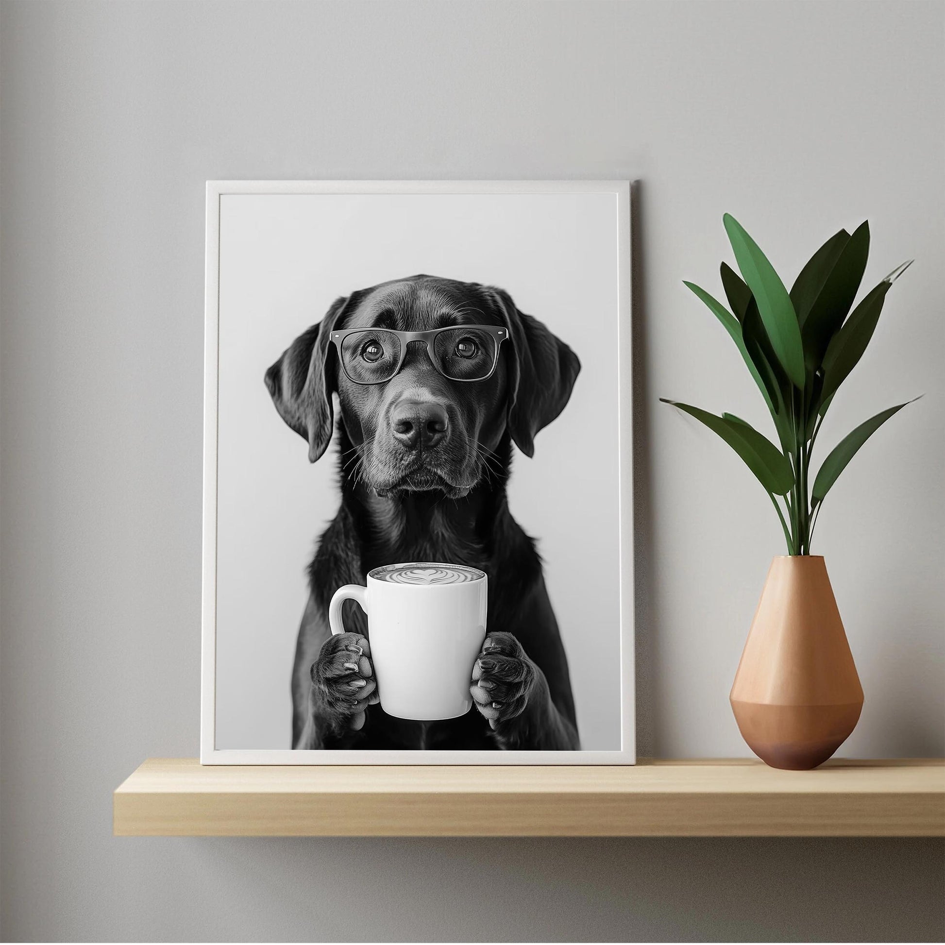 Chocolate Lab Coffee Print Coffee Bar Decor, Funny Labrador Dog Poster, Kitchen Wall Art - Black and White Print