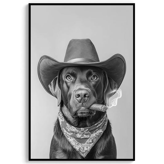 Chocolate Lab Cowboy Print Western Dog Art, Vintage Labrador Dog Poster, Trendy Retro Decor - Black and White Wall Art