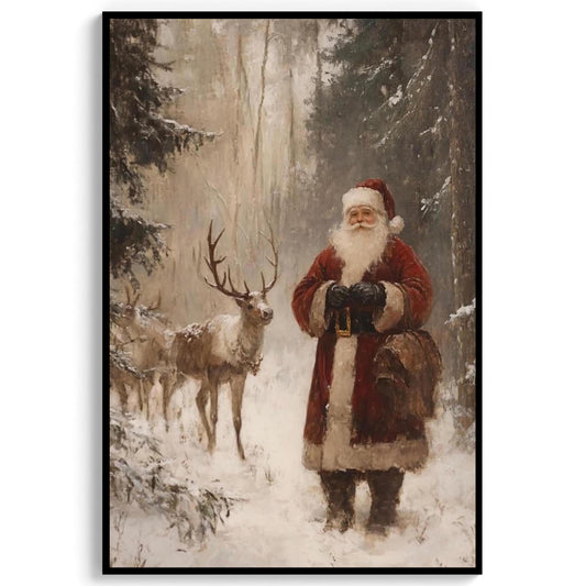 Christmas Wall Art Print Decor, Santa Clause with Reindeer in Snow Covered Pine Tree Forest, Moody Vintage C