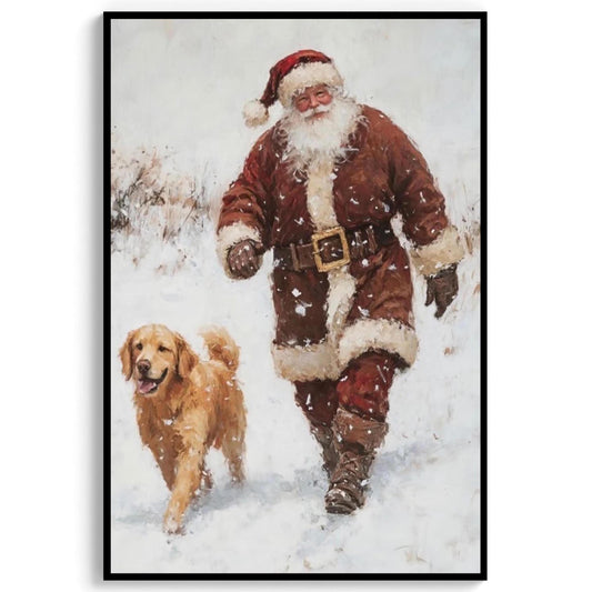 Christmas Wall Art Print of Santa & Golden Retriever Dog Walking Happily In a Snow Covered Forest, Vintage P