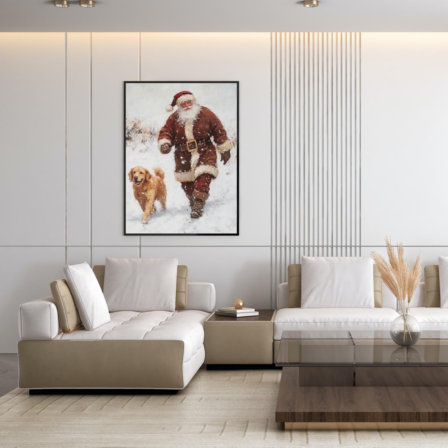 Christmas Wall Art Print of Santa & Golden Retriever Dog Walking Happily In a Snow Covered Forest, Vintage P