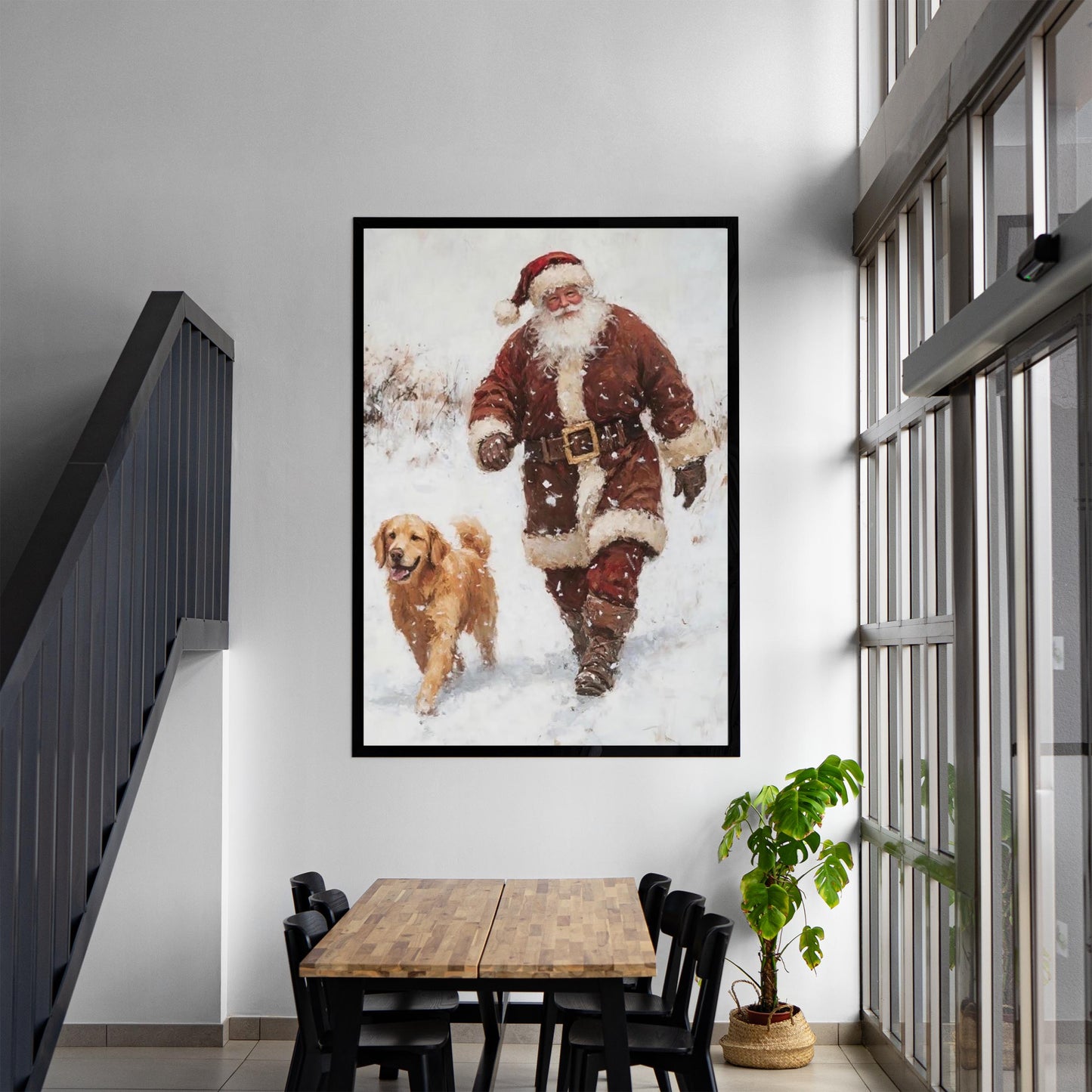 Christmas Wall Art Print of Santa & Golden Retriever Dog Walking Happily In a Snow Covered Forest, Vintage P
