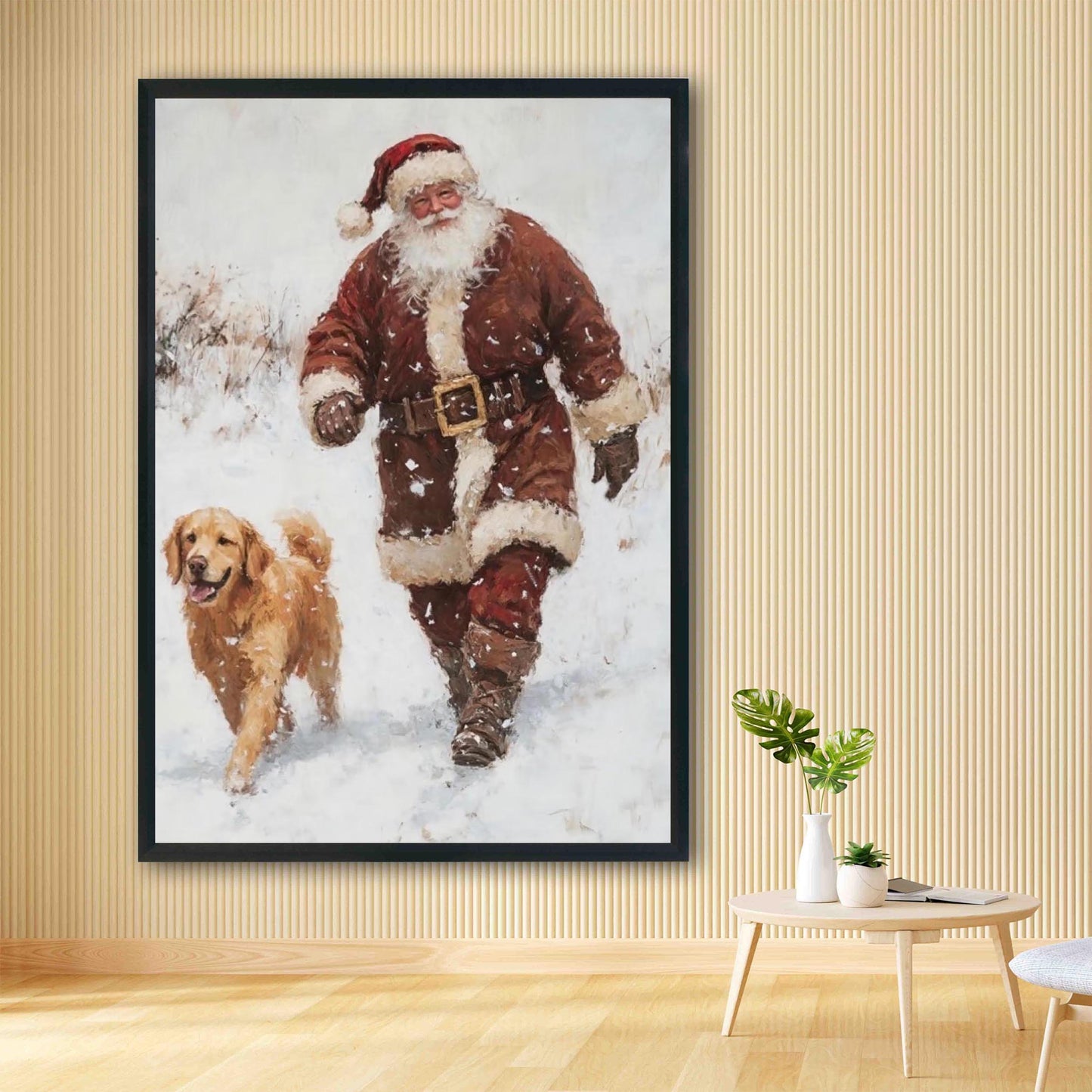 Christmas Wall Art Print of Santa & Golden Retriever Dog Walking Happily In a Snow Covered Forest, Vintage P