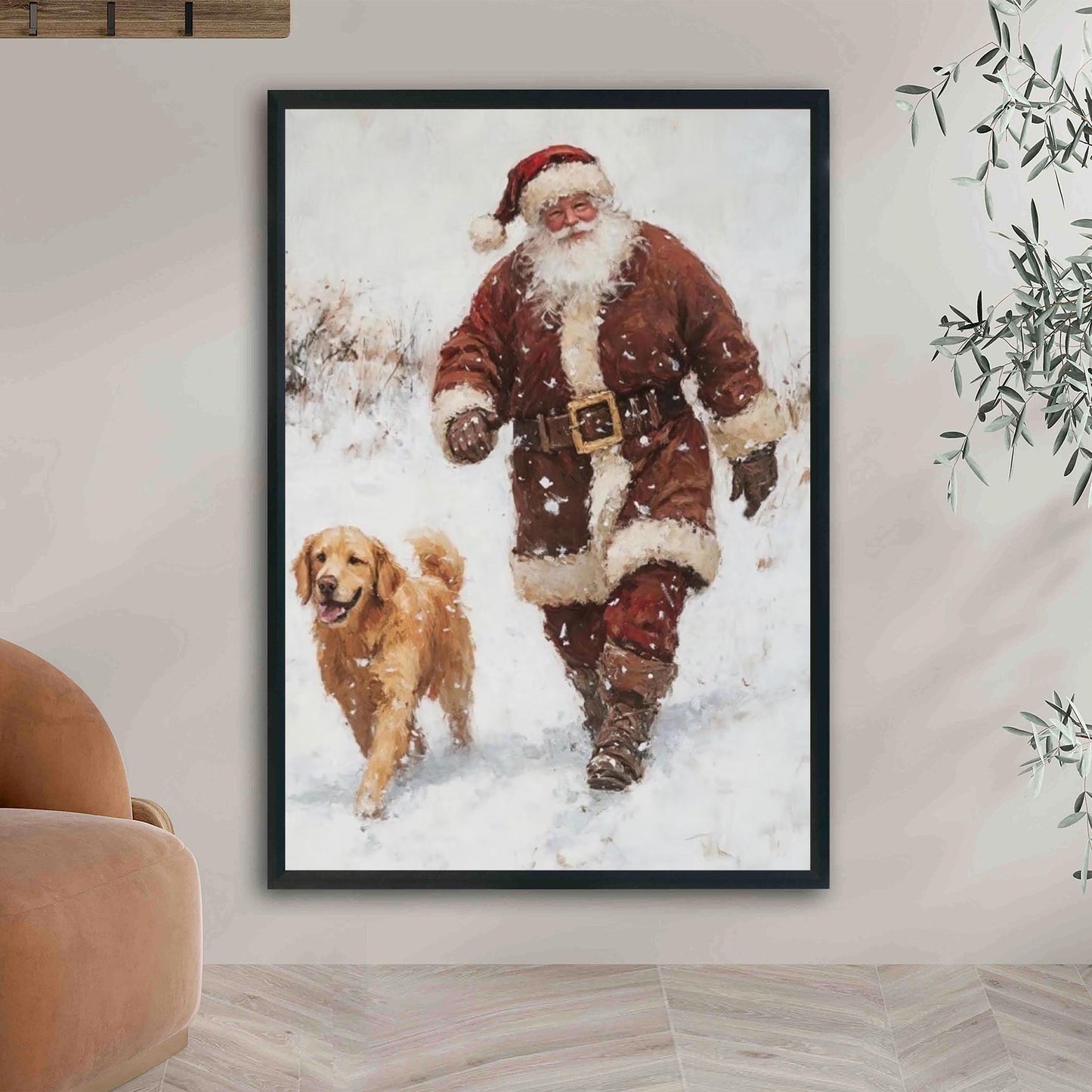 Christmas Wall Art Print of Santa & Golden Retriever Dog Walking Happily In a Snow Covered Forest, Vintage P