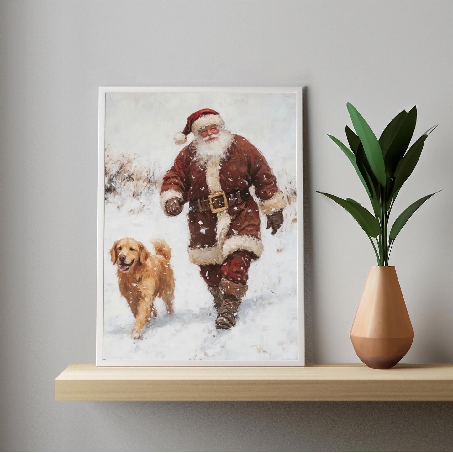 Christmas Wall Art Print of Santa & Golden Retriever Dog Walking Happily In a Snow Covered Forest, Vintage P