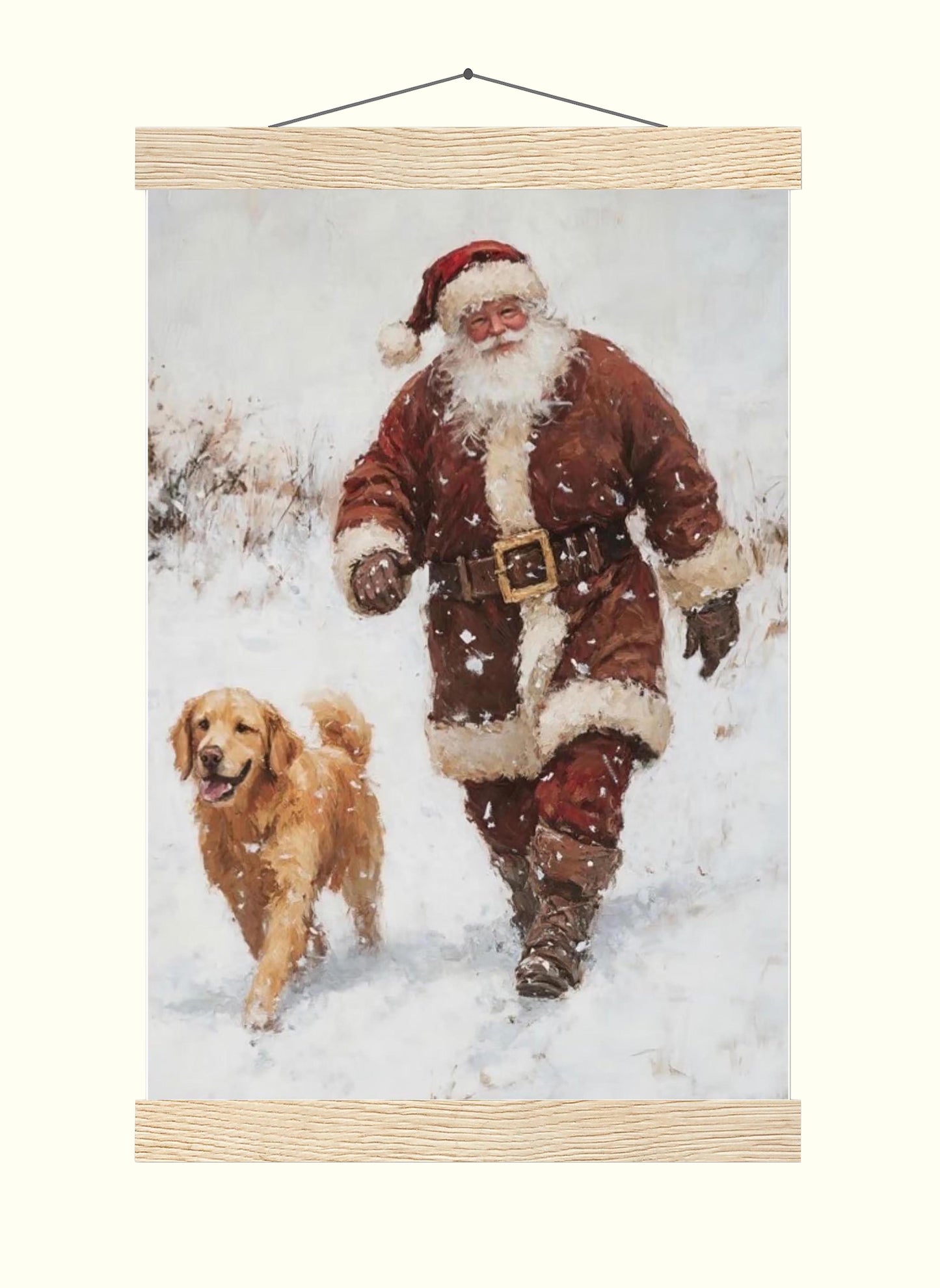 Christmas Wall Art Print of Santa & Golden Retriever Dog Walking Happily In a Snow Covered Forest, Vintage P