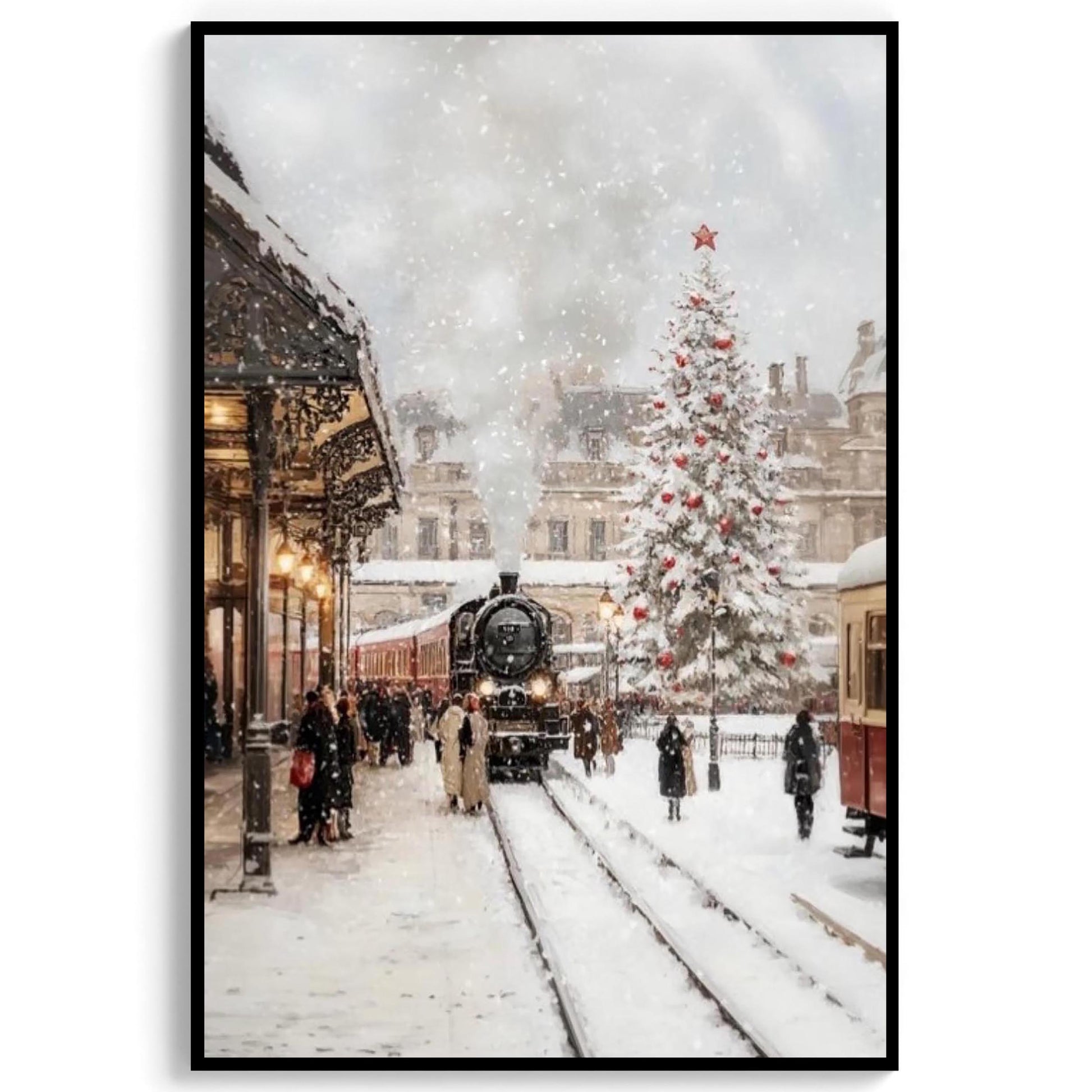 Christmas Wall Art Print of Train Station in Snow with Christmas Tree Decoration, Orient Express in Winter W