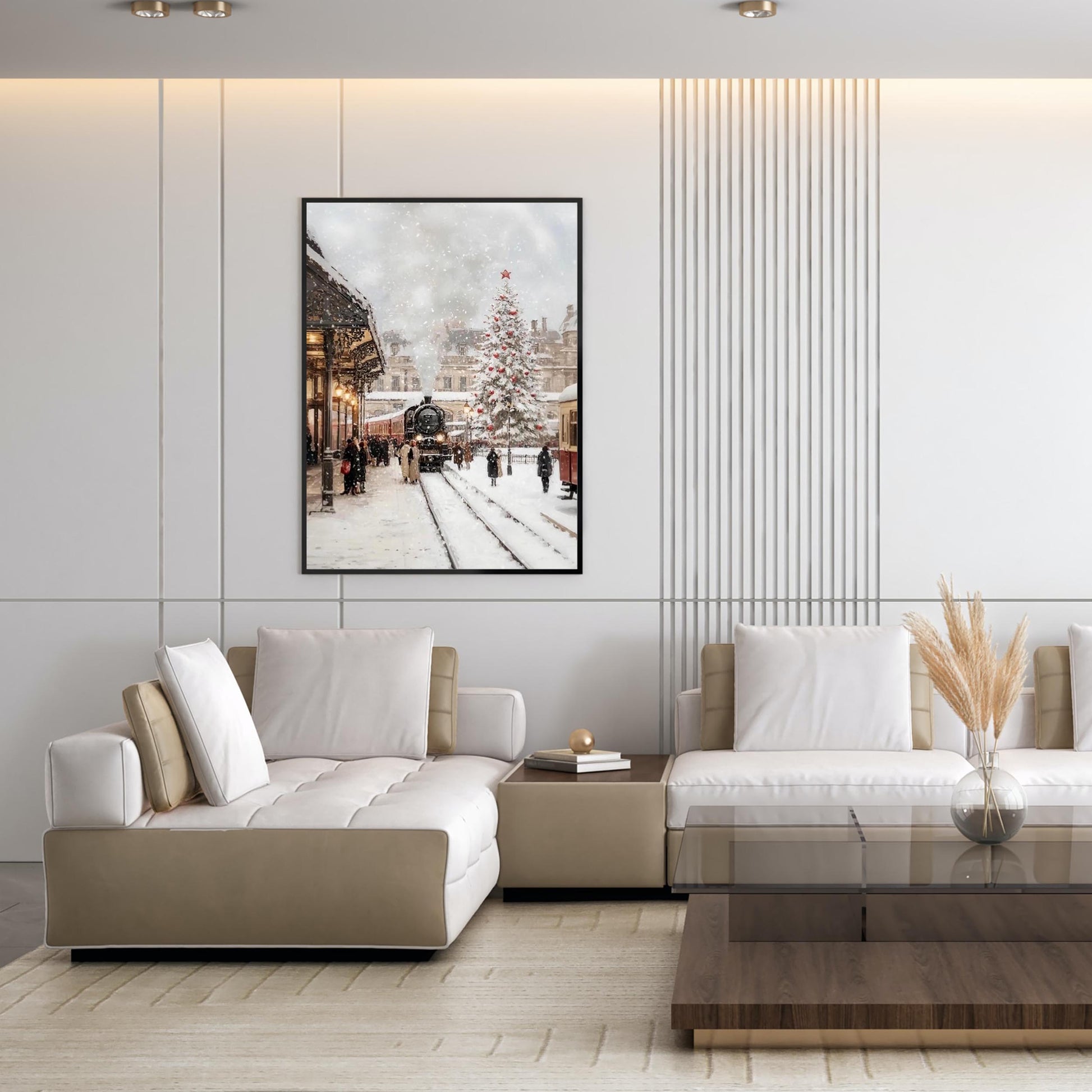 Christmas Wall Art Print of Train Station in Snow with Christmas Tree Decoration, Orient Express in Winter W