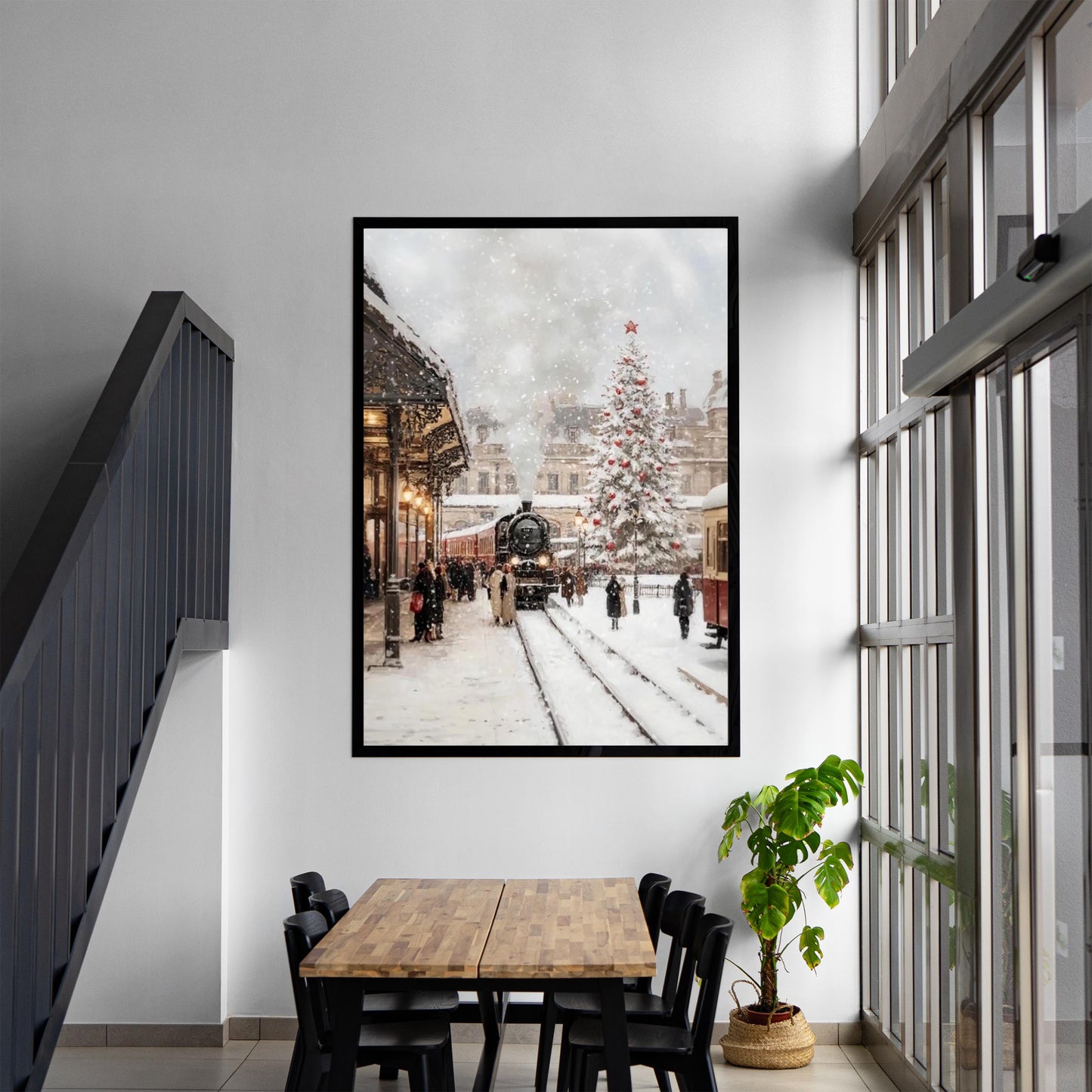 Christmas Wall Art Print of Train Station in Snow with Christmas Tree Decoration, Orient Express in Winter W