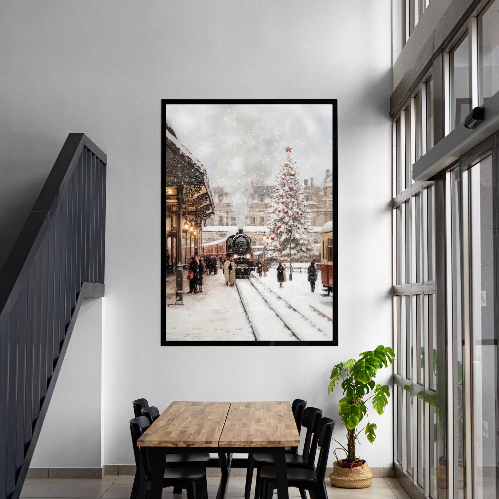 Christmas Wall Art Print of Train Station in Snow with Christmas Tree Decoration, Orient Express in Winter W